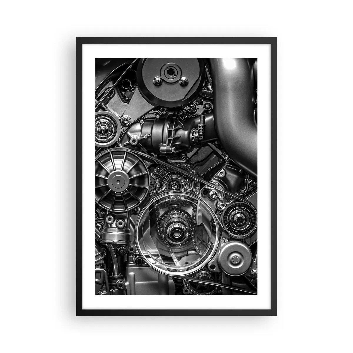 Póster en marco negro - Primer plano detallado de los componentes mecánicos del motor en blanco y negro. - 50x70cm - La poesía de la mecánica - Decoración de pared moderna para salón y dormitorio ARTTOR