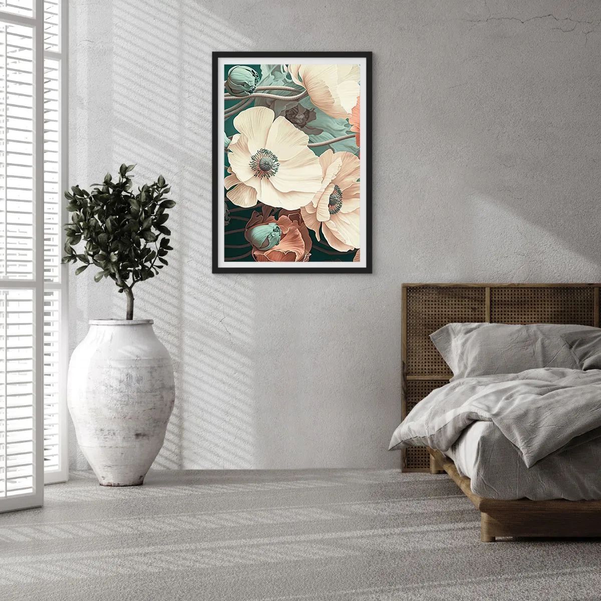 Póster en marco negro - Delicadas flores en tonos pastel sobre un fondo oscuro. - 50x70cm - Susurro de amapolas - Decoración de pared moderna para salón y dormitorio ARTTOR