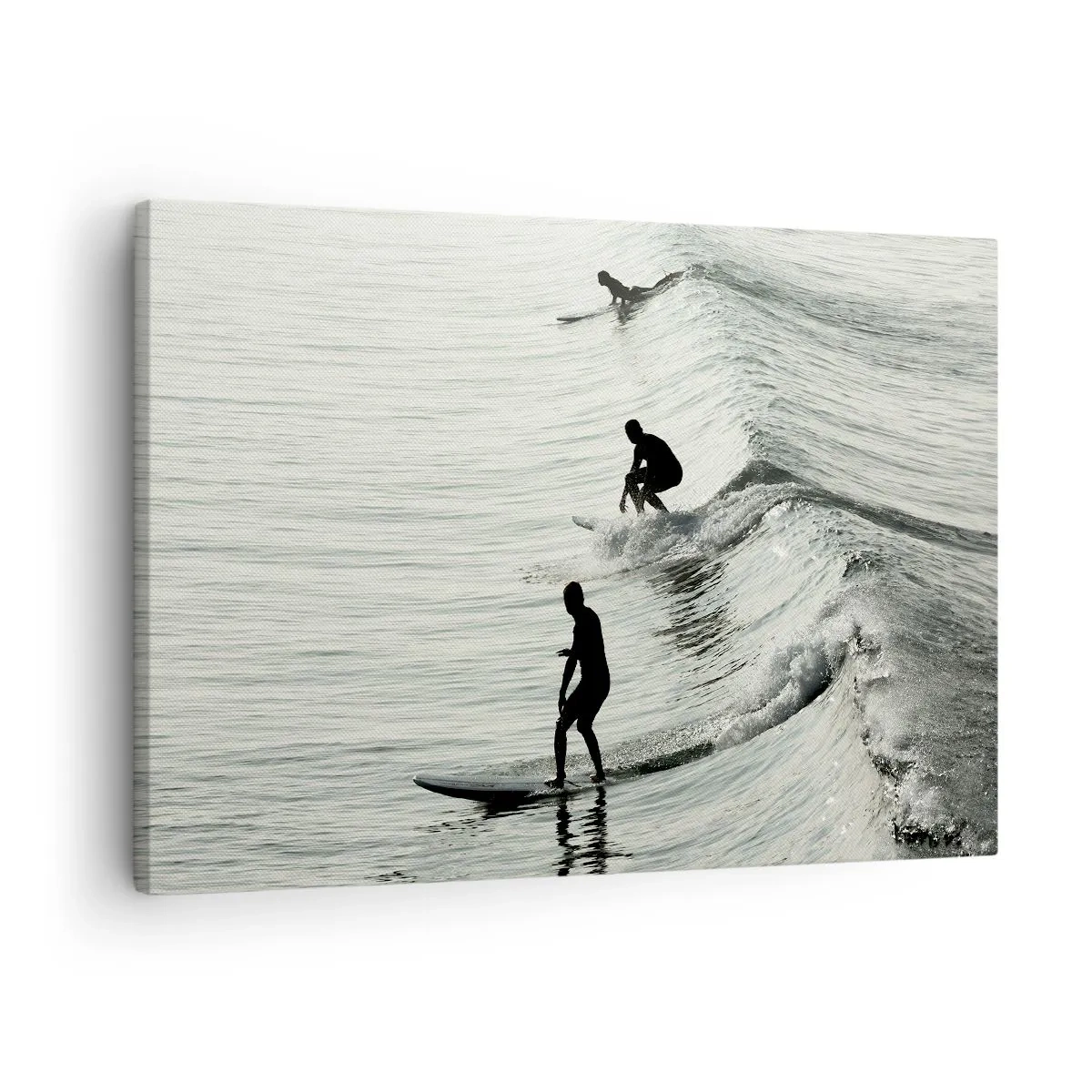 Cuadro sobre lienzo - Impresión de Imagen - Surfistas en las olas en una toma monocromática - 70x50cm - Al encuentro de la ola - Decoración de pared moderna para salón y dormitorio ARTTOR