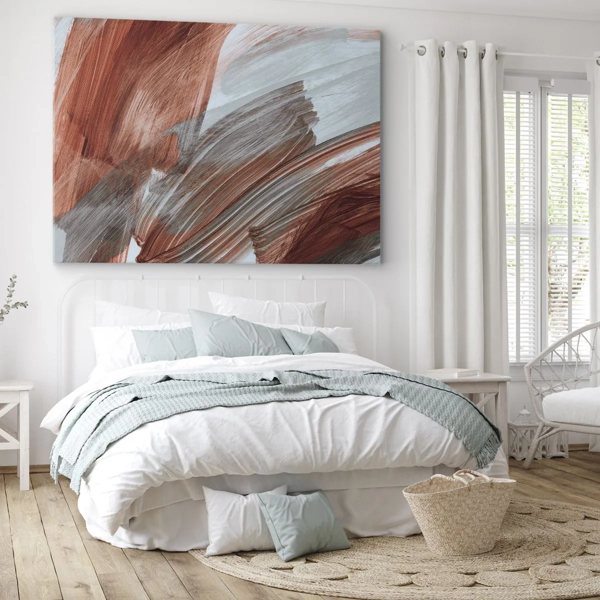 Cuadro sobre lienzo - Impresión de Imagen - Pinceladas abstractas en tonos cobre y gris. - 70x50cm - Abstracción otoñal y ventosa - Decoración de pared moderna para salón y dormitorio ARTTOR