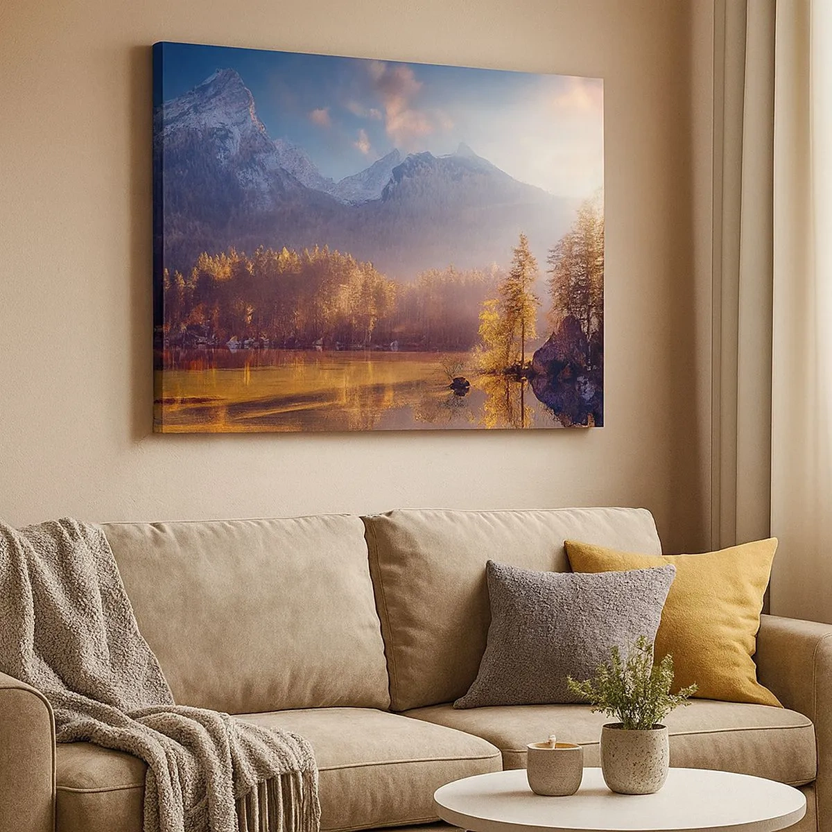 Cuadro sobre lienzo - Impresión de Imagen - Vista pintoresca del bosque de montaña y el lago al amanecer. - 70x50cm - Entre las montañas y los valles - Decoración de pared moderna para salón y dormitorio ARTTOR