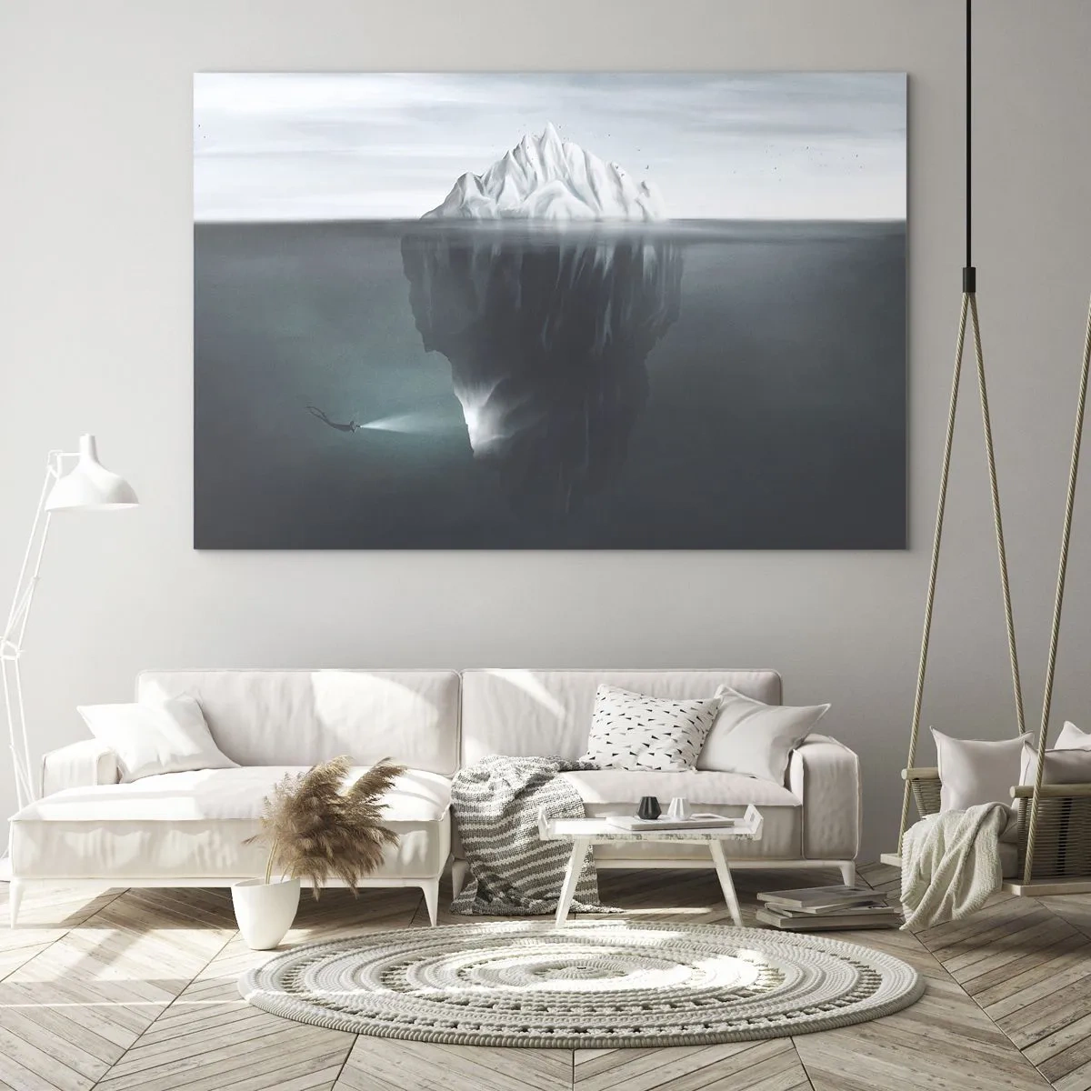 Cuadro sobre vidrio - Impresiones sobre Vidrio - Un iceberg con un buceador explorando la parte submarina. - 70x50cm - Misterio submarino - Decoración de pared moderna para salón y dormitorio ARTTOR