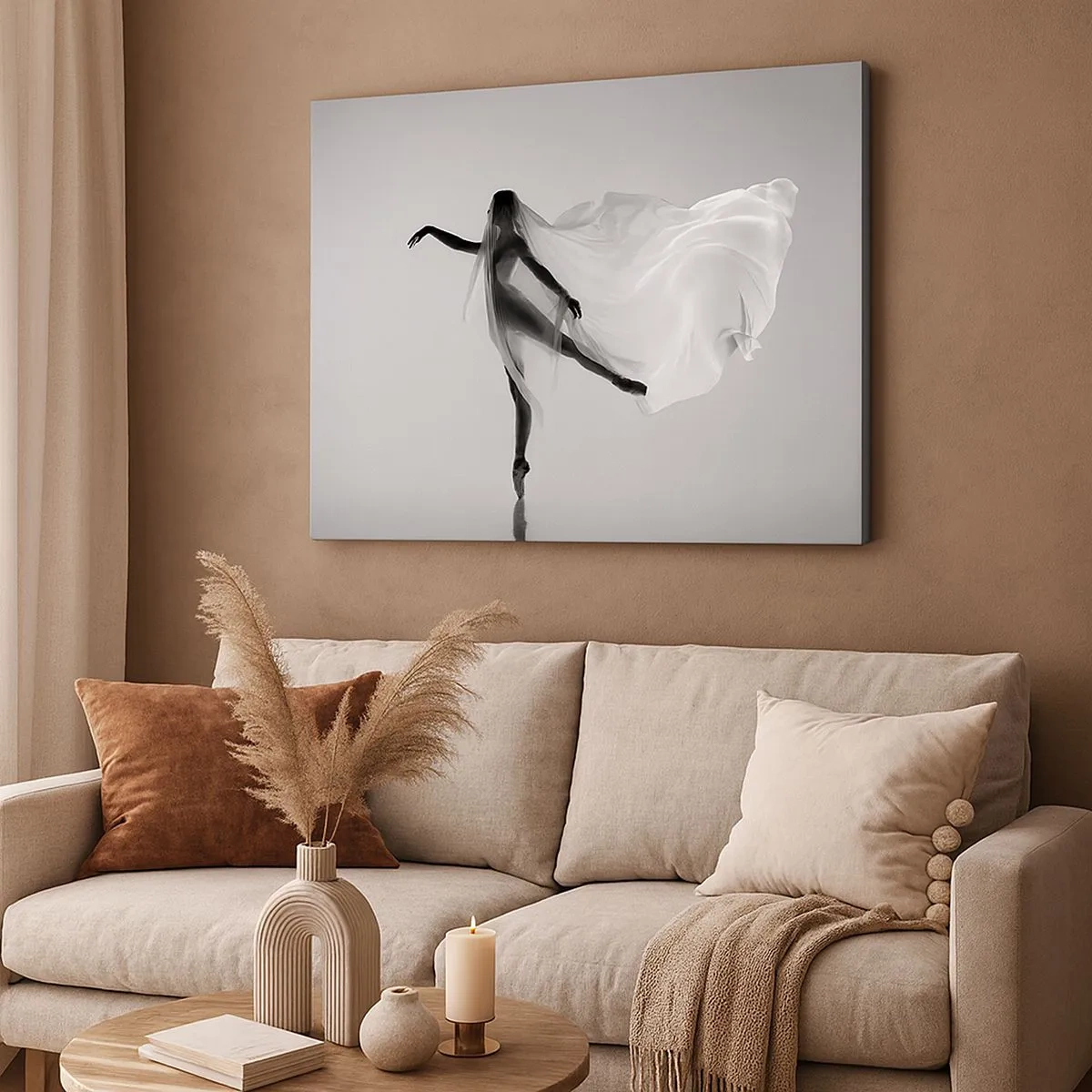Cuadro sobre lienzo - Impresión de Imagen - Una bailarina en una pose etérea con tela fluida. - 70x50cm - Ligereza y gracia - Decoración de pared moderna para salón y dormitorio ARTTOR