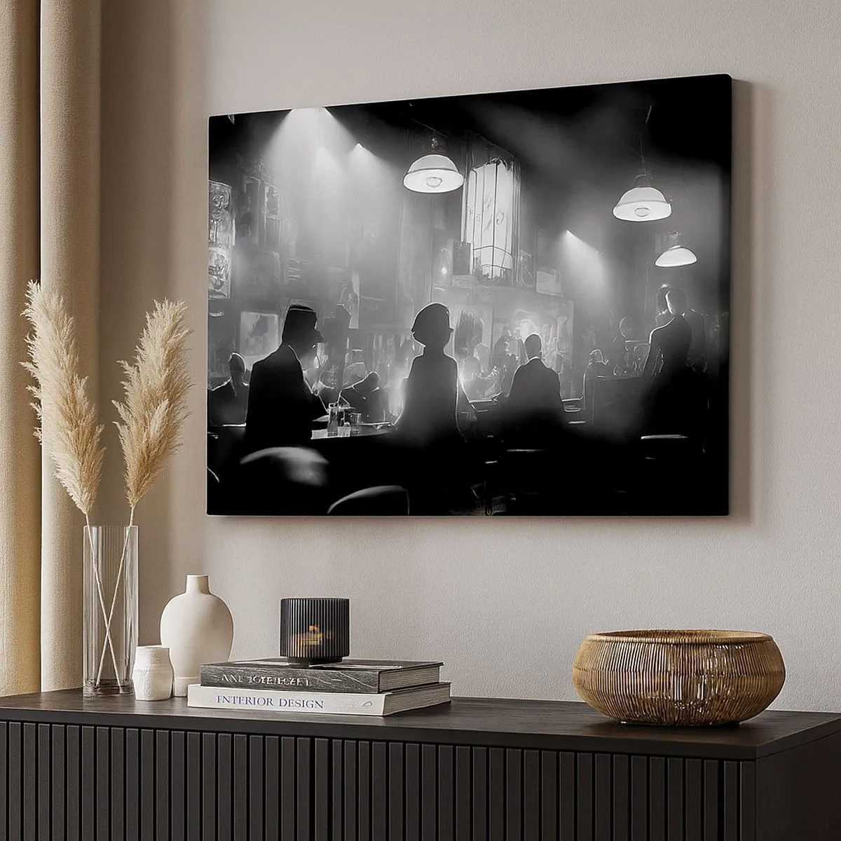 Cuadro sobre lienzo - Impresión de Imagen - Escena de clubes nocturnos de jazz en blanco y negro - 70x50cm - En clave de jazz - Decoración de pared moderna para salón y dormitorio ARTTOR