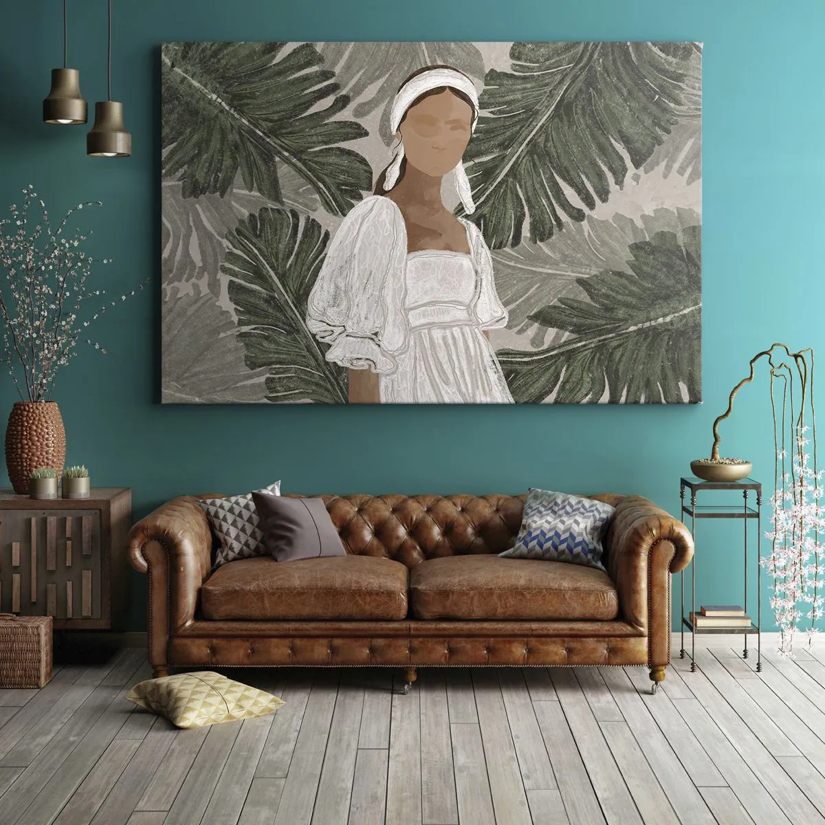 Cuadro sobre lienzo - Impresión de Imagen - Retrato de una mujer con un vestido blanco sobre un fondo de hojas de monstera. - 70x50cm - Retrato exótico - Decoración de pared moderna para salón y dormitorio ARTTOR