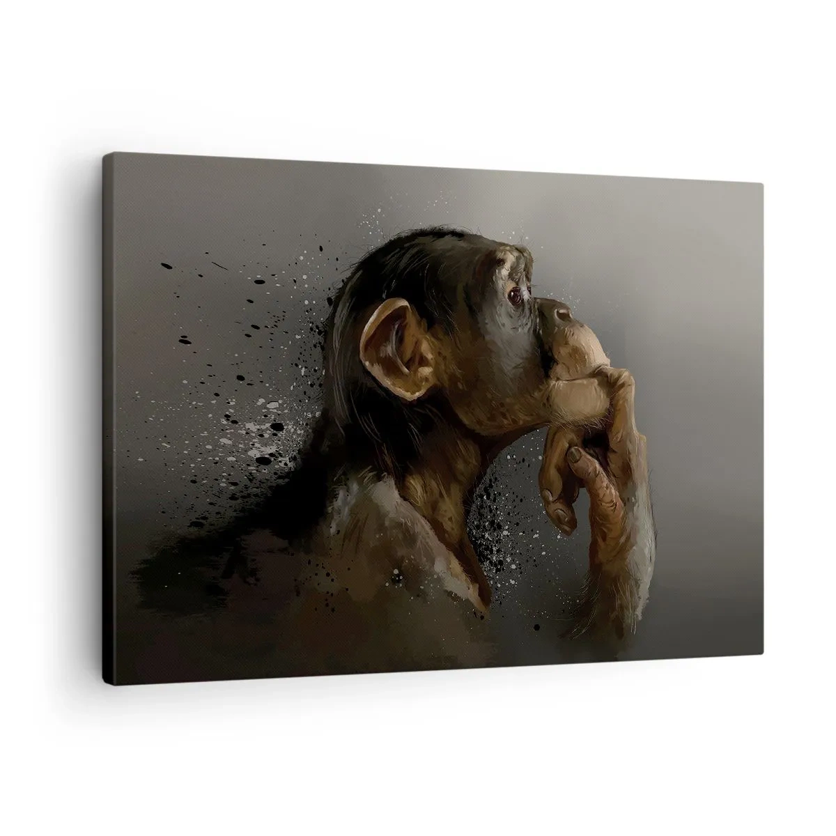 Cuadro sobre lienzo - Impresión de Imagen - Retrato de un mono en pose reflexiva sobre un fondo gris. - 70x50cm - La evolución del pensador - Decoración de pared moderna para salón y dormitorio ARTTOR