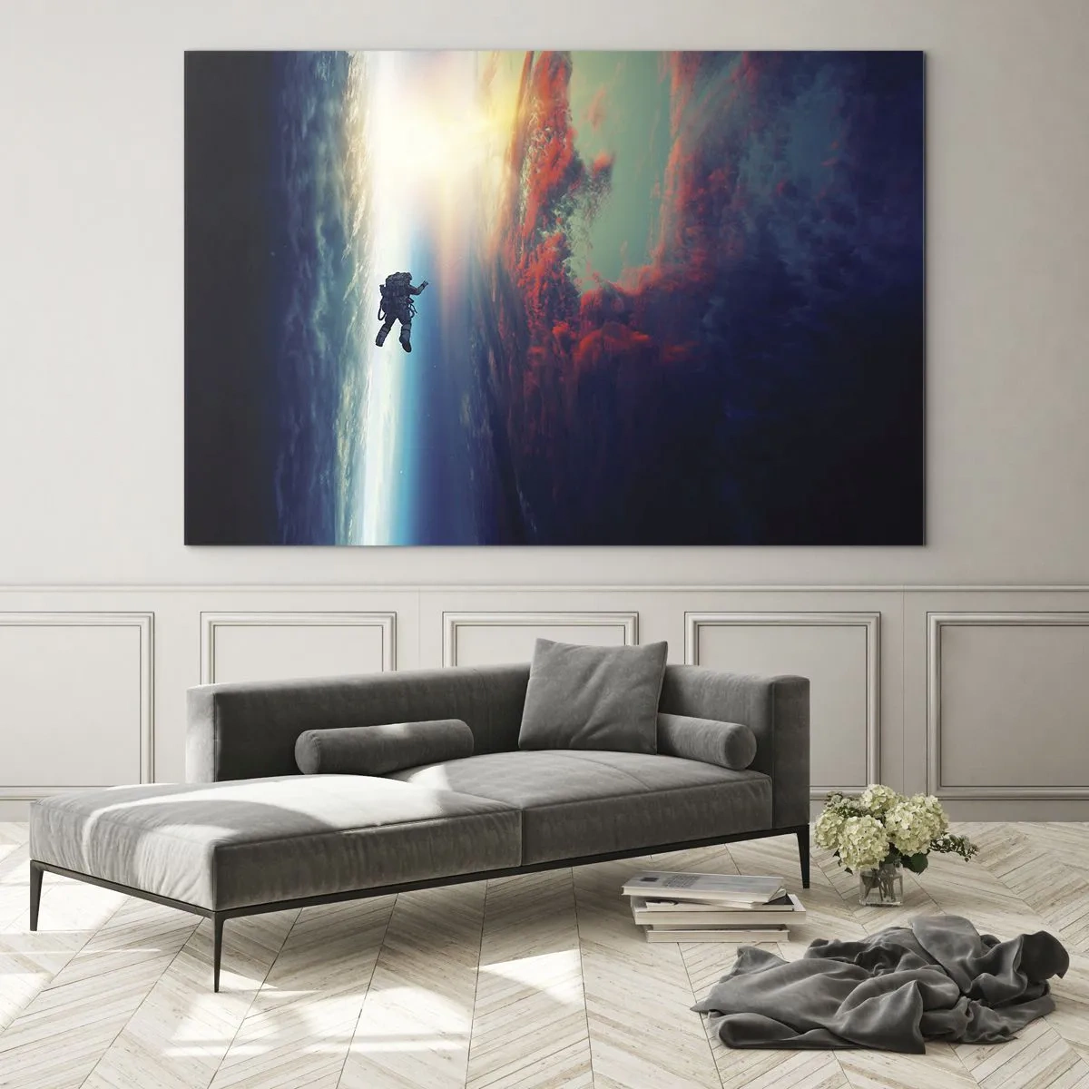 Cuadro sobre vidrio - Impresiones sobre Vidrio - Un astronauta flotando a través del espacio hacia la luz. - 70x50cm - Enfrentarse al universo - Decoración de pared moderna para salón y dormitorio ARTTOR