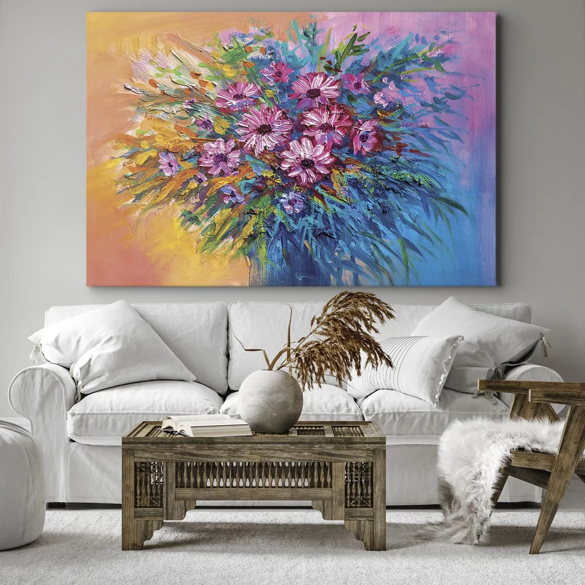 Cuadro sobre lienzo - Impresión de Imagen - Flores de colores en un ramo sobre un fondo de color pastel. - 70x50cm - La energía de la vida - Decoración de pared moderna para salón y dormitorio ARTTOR