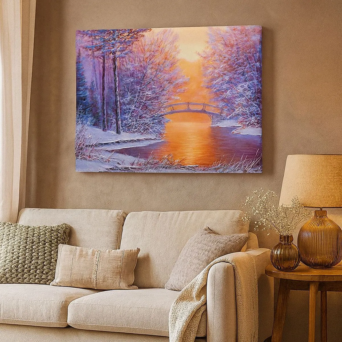 Cuadro sobre lienzo - Impresión de Imagen - Paisaje invernal con puente y puesta de sol - 70x50cm - Reunámonos aquí - Decoración de pared moderna para salón y dormitorio ARTTOR