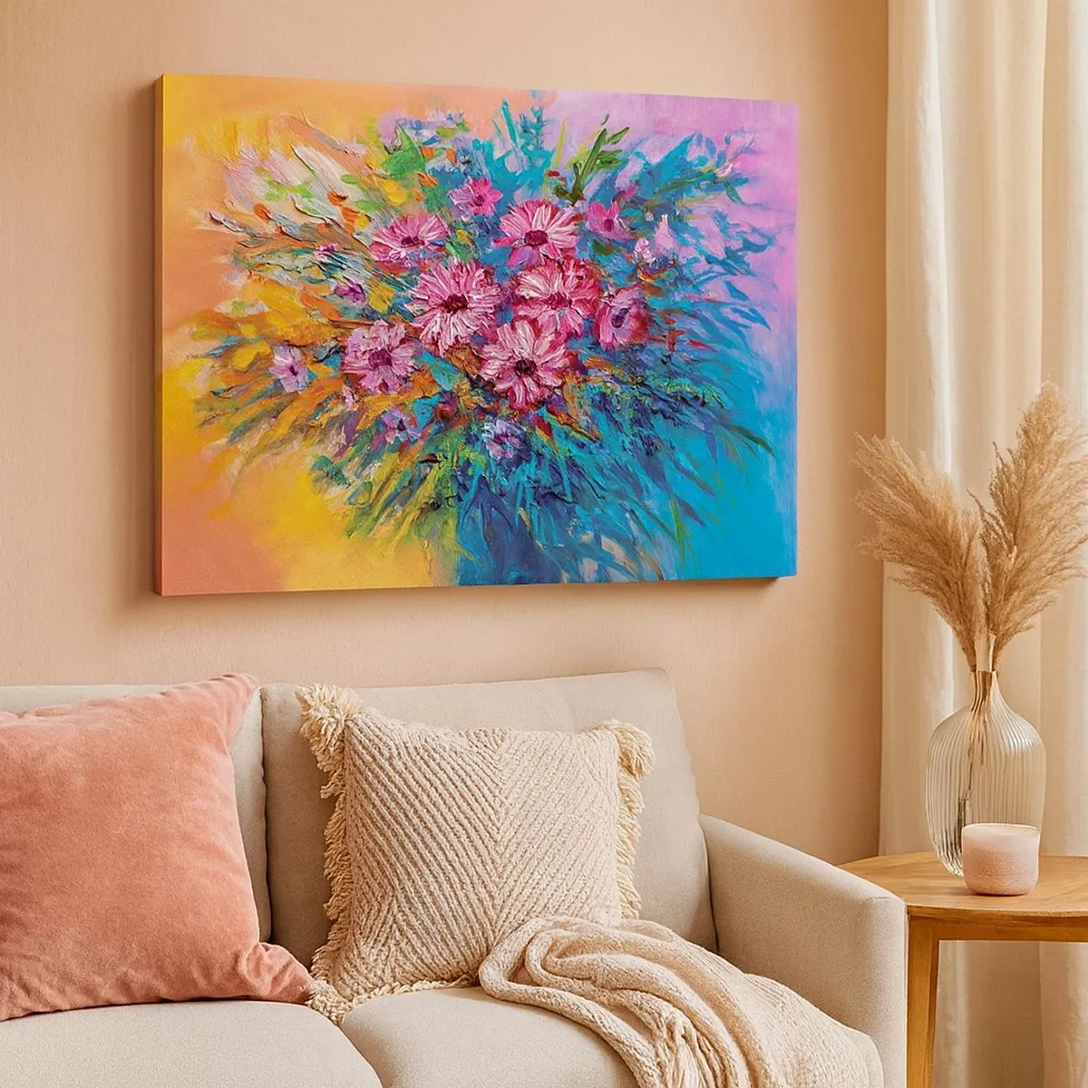 Cuadro sobre lienzo - Impresión de Imagen - Flores de colores en un ramo sobre un fondo de color pastel. - 70x50cm - La energía de la vida - Decoración de pared moderna para salón y dormitorio ARTTOR