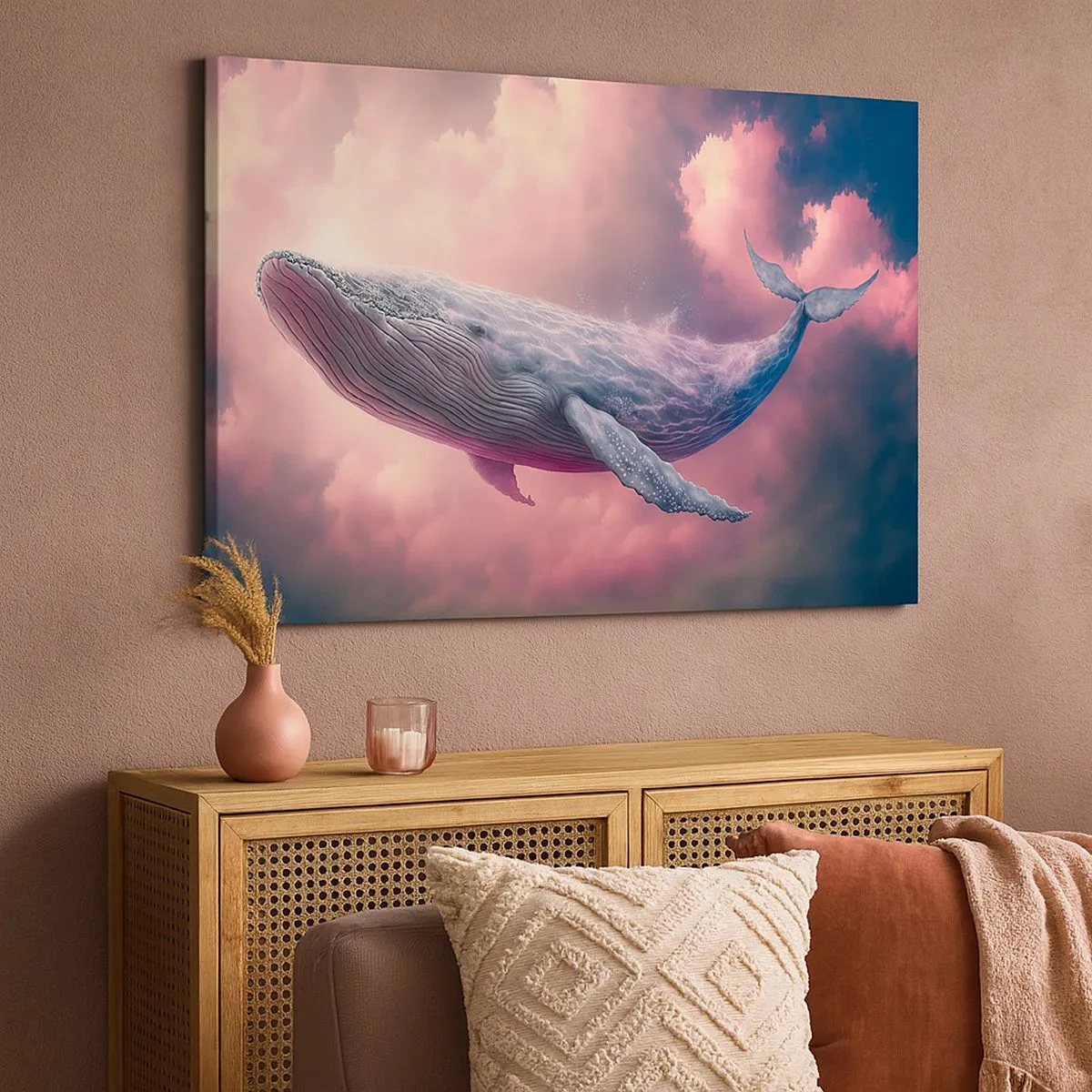 Cuadro sobre lienzo - Impresión de Imagen - Una ballena flotando en las nubes al atardecer. - 70x50cm - La reina de los mares asciende - Decoración de pared moderna para salón y dormitorio ARTTOR