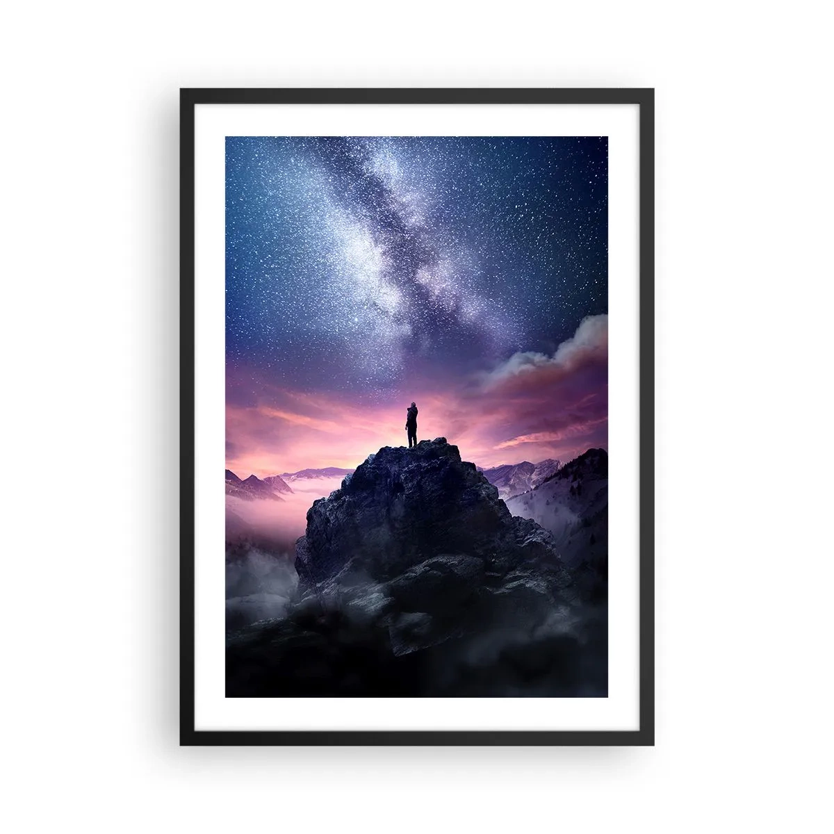 Póster en marco negro - Silueta de una persona en la cima de una montaña bajo un cielo estrellado - 50x70cm - Y sintió la vida - Decoración de pared moderna para salón y dormitorio ARTTOR