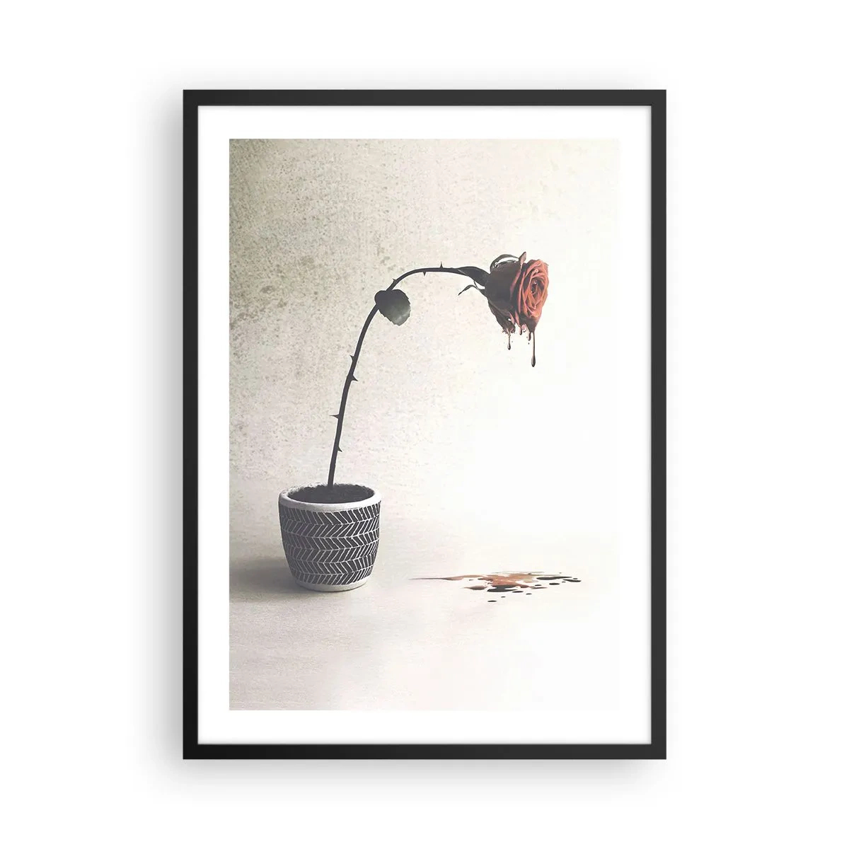 Póster en marco negro - Una rosa en maceta con un efecto artístico fluido. - 50x70cm - Rosa dolorosa - Decoración de pared moderna para salón y dormitorio ARTTOR