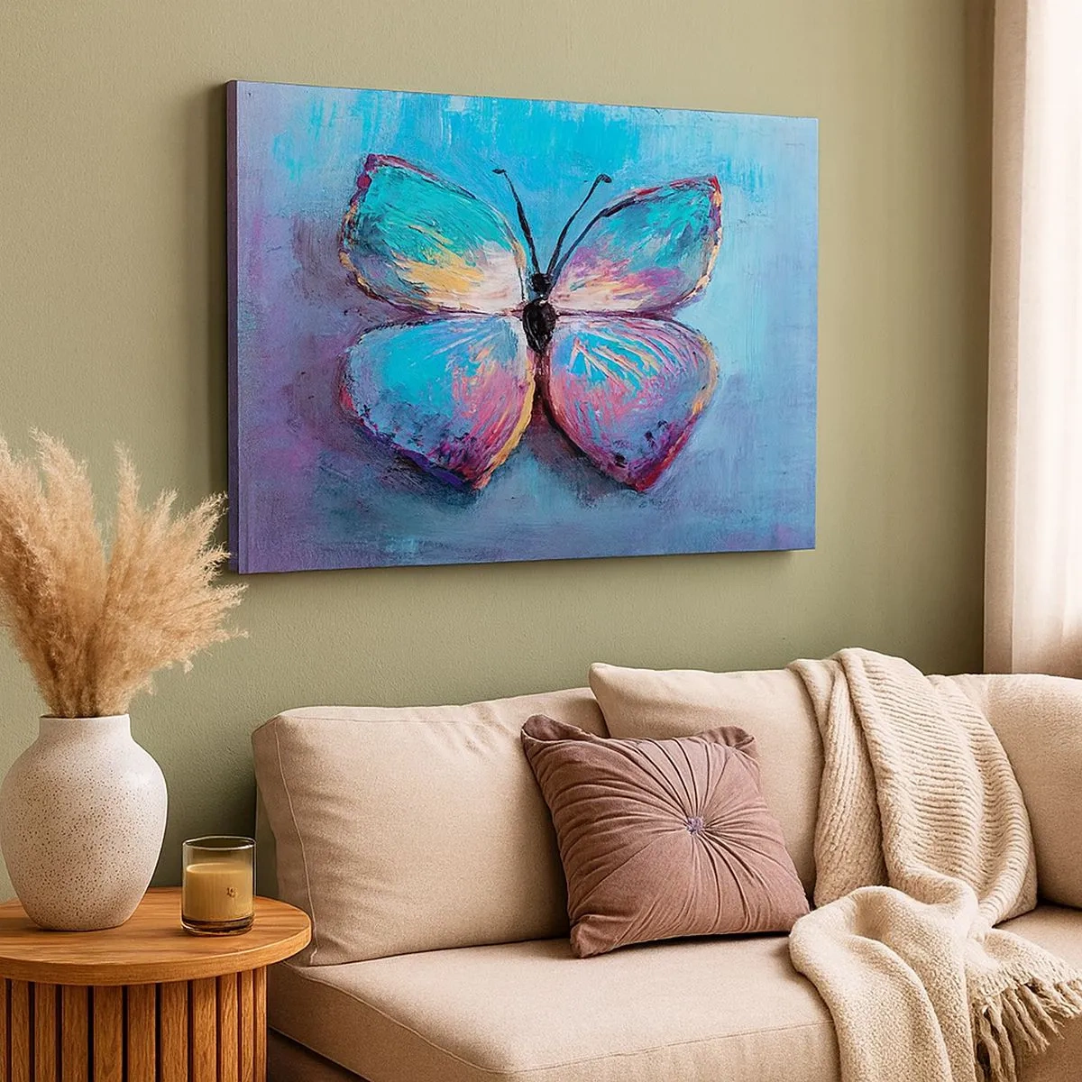 Cuadro sobre lienzo - Impresión de Imagen - Mariposa colorida sobre un fondo azul - 70x50cm - En todo su esplendor - Decoración de pared moderna para salón y dormitorio ARTTOR