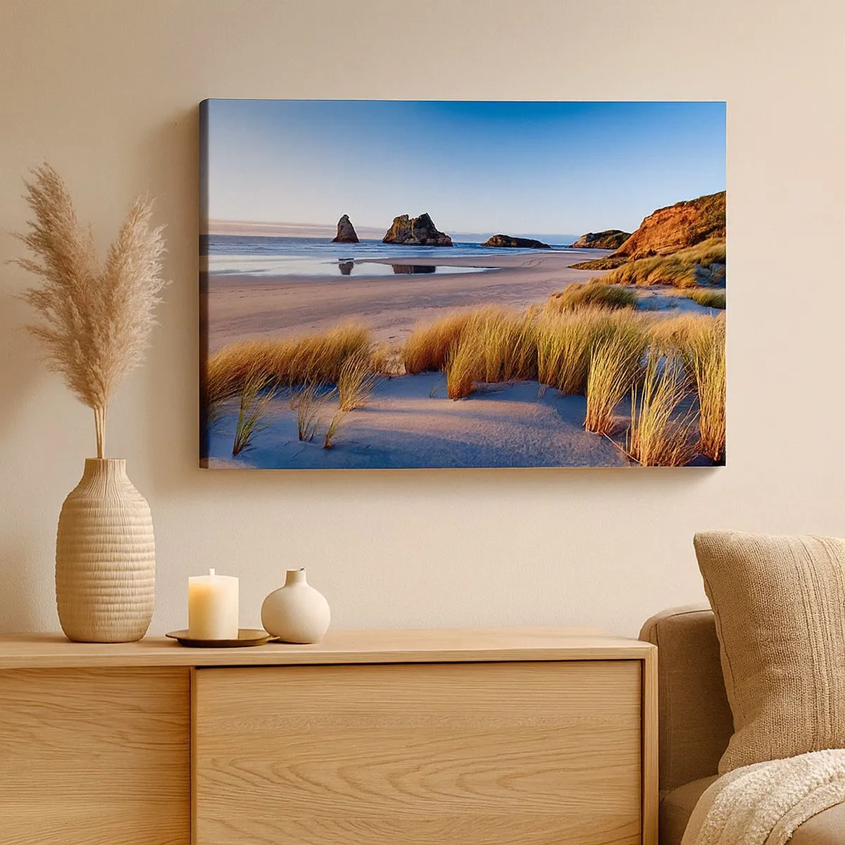 Cuadro sobre lienzo - Impresión de Imagen - Una playa pintoresca con vistas a las rocas y al mar al atardecer. - 70x50cm - Para buscadores de tranquilidad - Decoración de pared moderna para salón y dormitorio ARTTOR