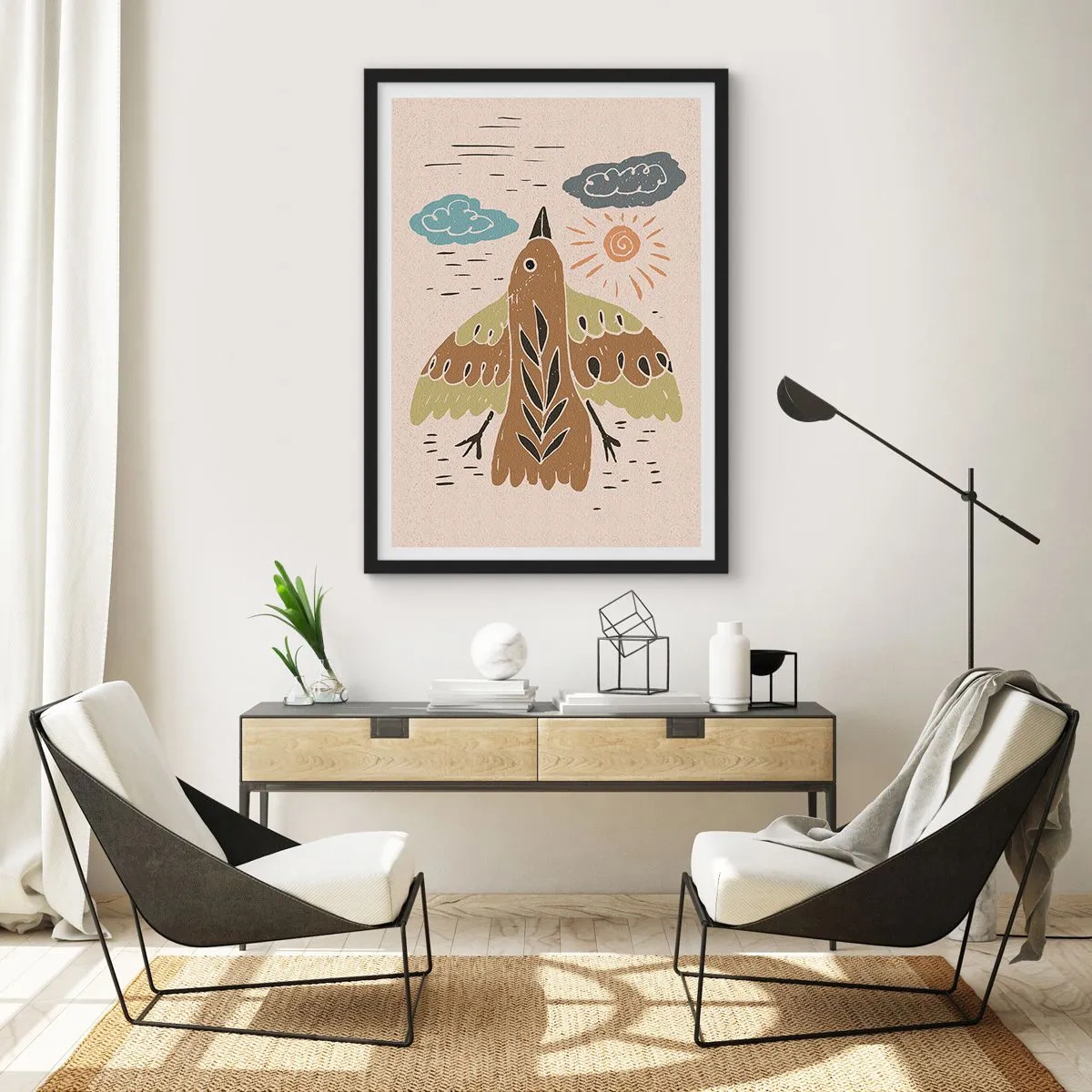 Póster en marco negro - Una colorida ilustración de un pájaro en vuelo, con nubes y el sol en el fondo. - 50x70cm - Vuelo alegre - Decoración de pared moderna para salón y dormitorio ARTTOR