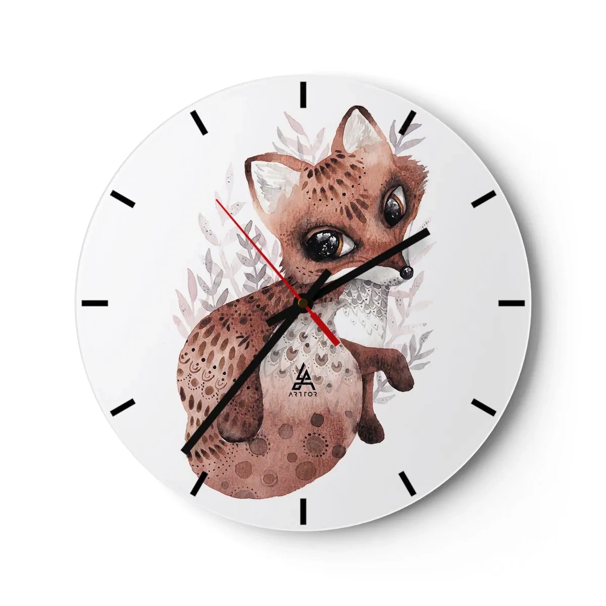 Reloj de pared - Reloj de vidrio - Un lindo zorro de acuarela sobre un fondo blanco. - 30x30cm - Dulzura y amor - Decoración de pared moderna para salón, cocina y dormitorio ARTTOR