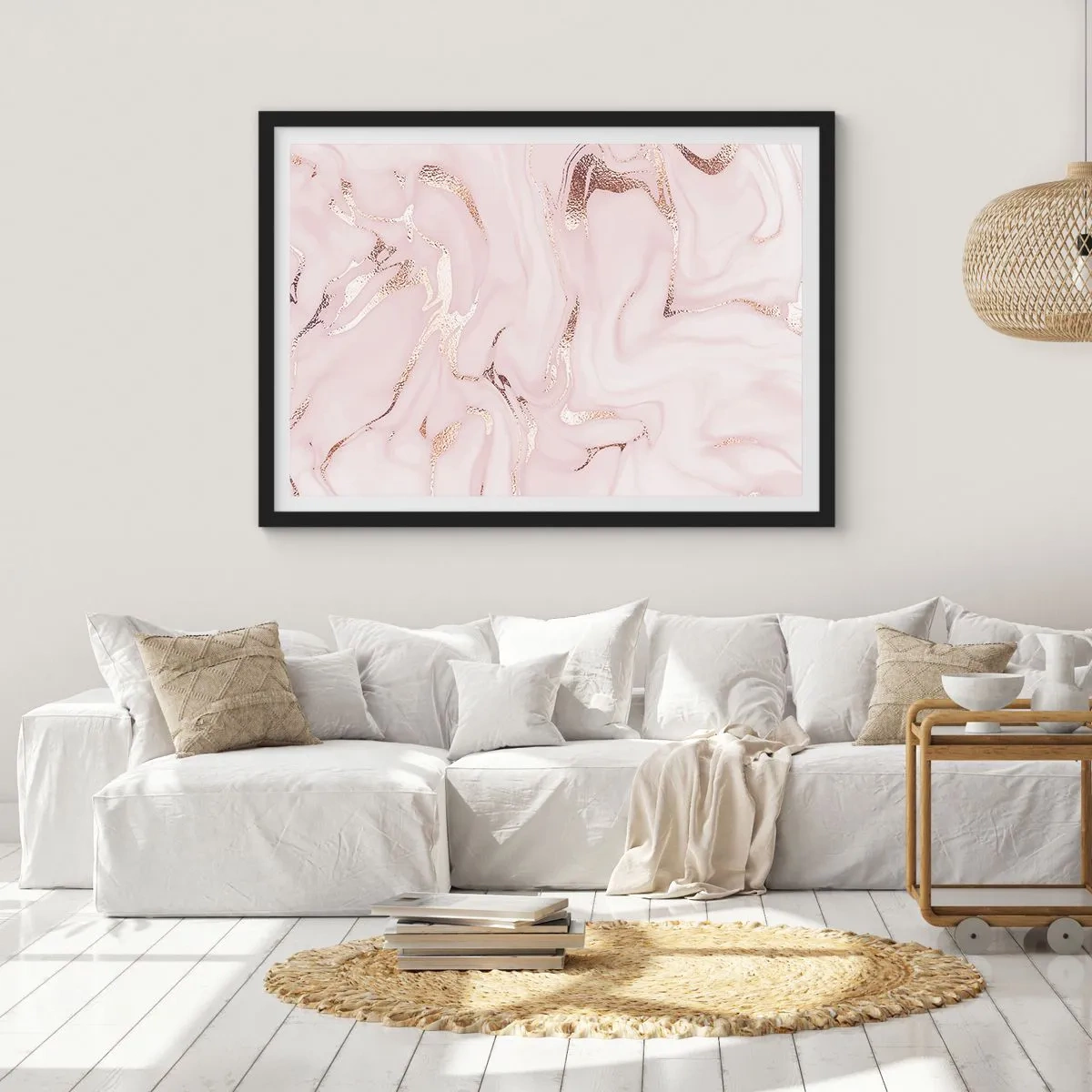 Póster en marco negro - Elegante abstracción en tonos rosa y dorado. - 70x50cm - En rosa - Decoración de pared moderna para salón y dormitorio ARTTOR