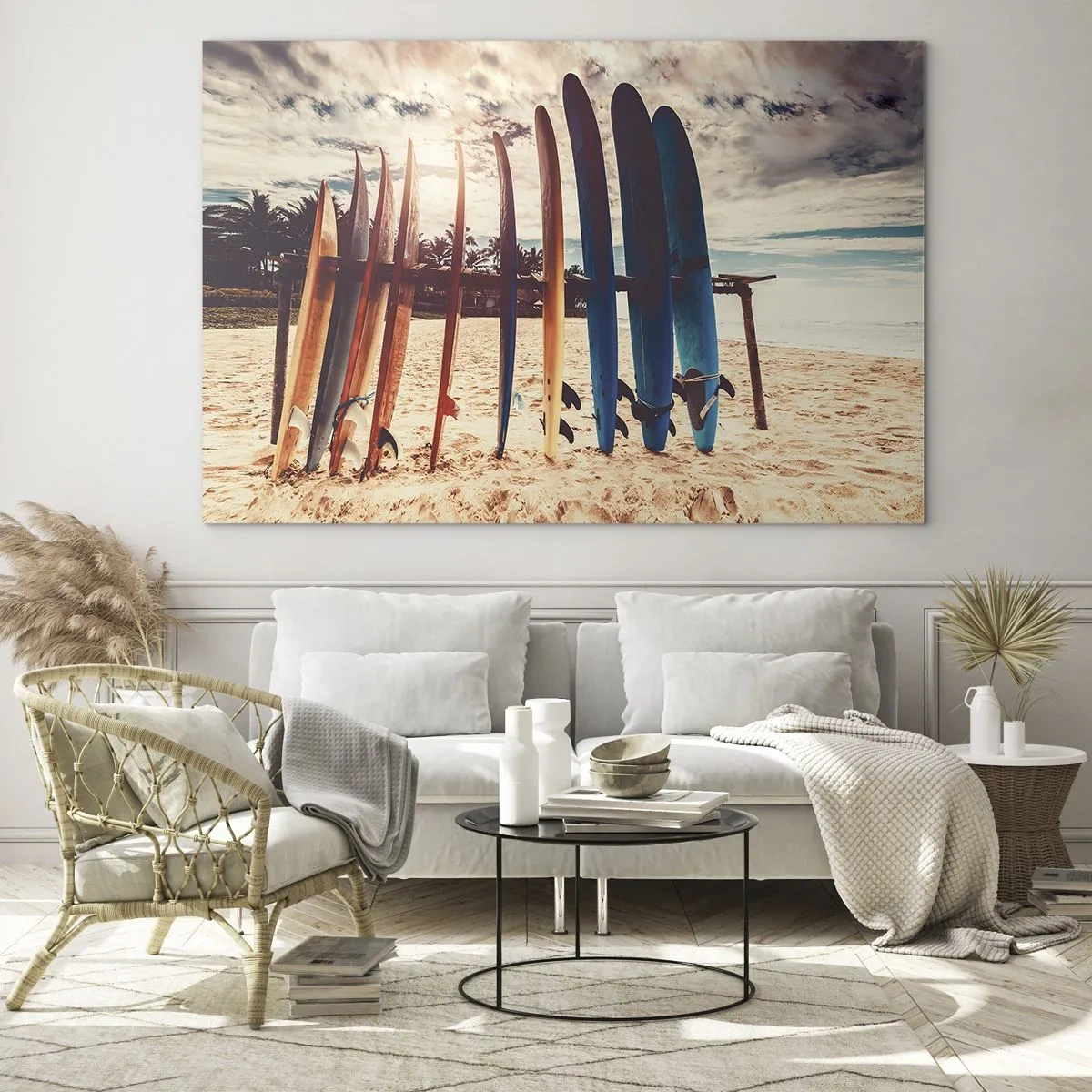 Cuadro sobre vidrio - Impresiones sobre Vidrio - Tablas de surf de colores alineadas en la playa al atardecer - 70x50cm - Buenas noches, hasta mañana - Decoración de pared moderna para salón y dormitorio ARTTOR