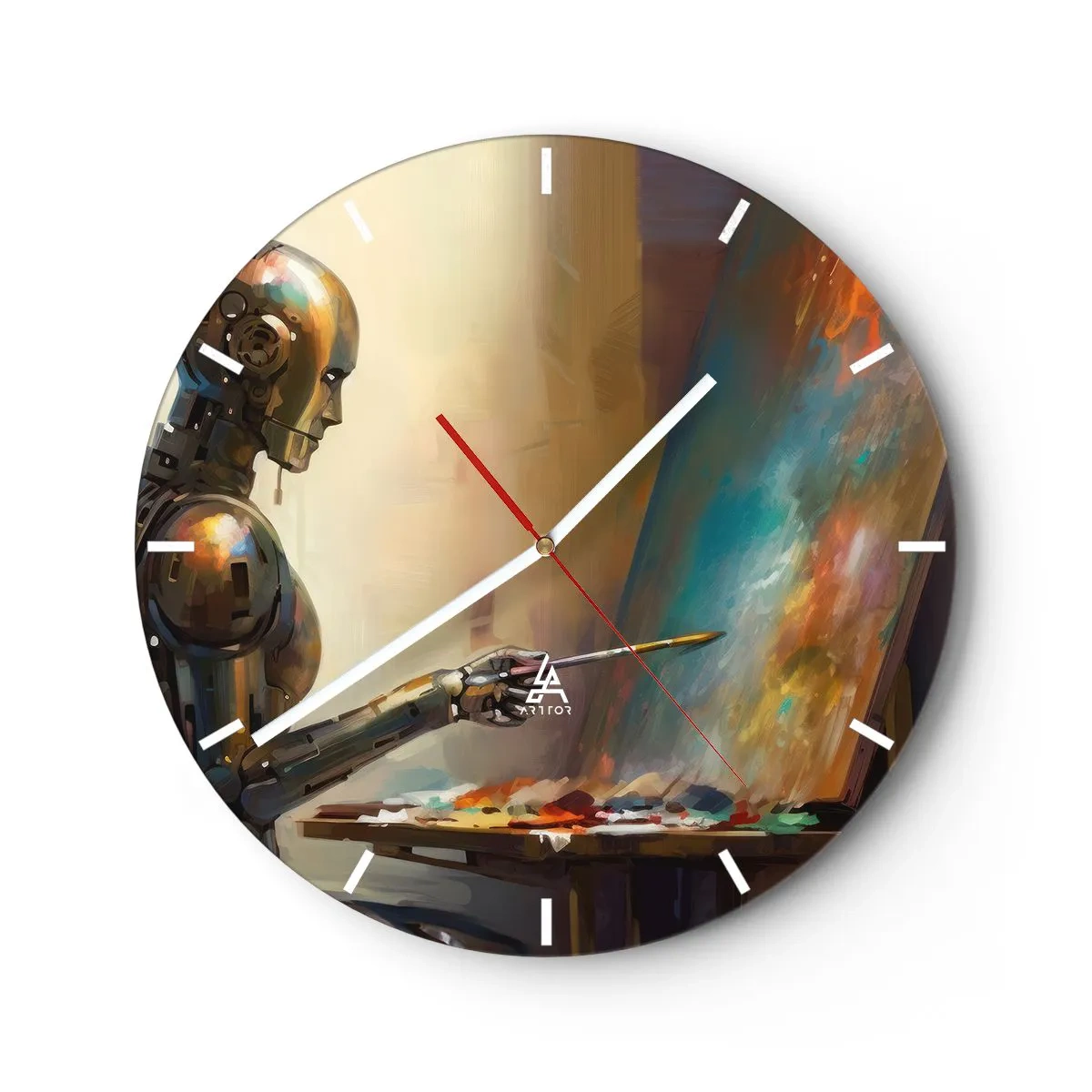 Reloj de pared - Reloj de vidrio - Un robot pintando un cuadro en un caballete. - 30x30cm - Arte del futuro - Decoración de pared moderna para salón, cocina y dormitorio ARTTOR