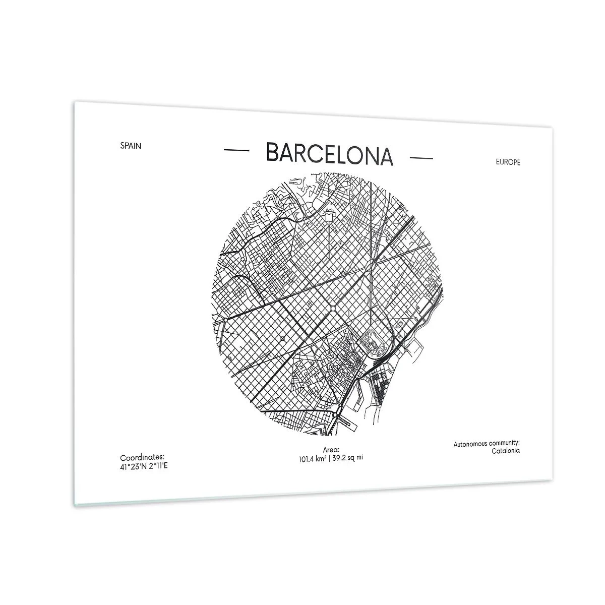Cuadro sobre vidrio - Impresiones sobre Vidrio - Un mapa minimalista de Barcelona con estética en blanco y negro - 70x50cm - Anatomía de Barcelona - Decoración de pared moderna para salón y dormitorio ARTTOR