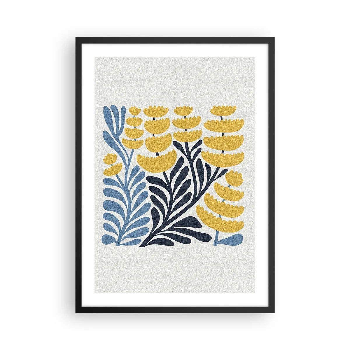 Póster en marco negro - Flores estilizadas de color amarillo y azul marino en un estilo minimalista. - 50x70cm - Manto soleado - Decoración de pared moderna para salón y dormitorio ARTTOR