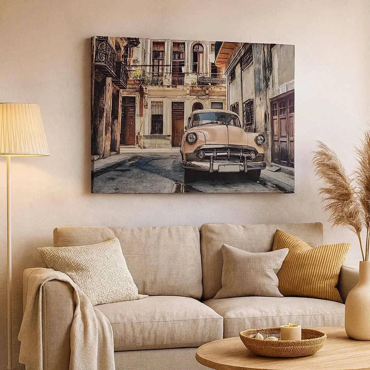 Cuadro sobre lienzo - Impresión de Imagen - Un coche clásico con la arquitectura urbana como telón de fondo - 70x50cm - Siesta en La Habana - Decoración de pared moderna para salón y dormitorio ARTTOR
