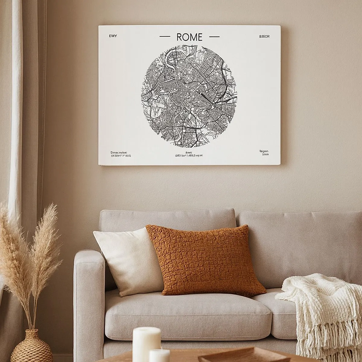 Cuadro sobre lienzo - Impresión de Imagen - Un mapa de Roma en estilo minimalista, en blanco y negro. - 70x50cm - Anatomía de Roma - Decoración de pared moderna para salón y dormitorio ARTTOR
