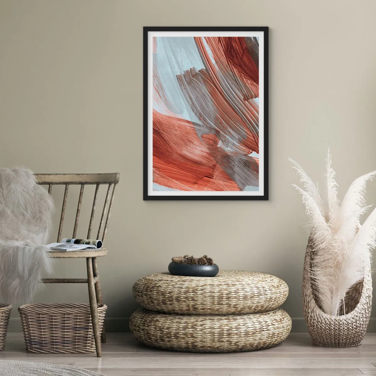 Póster en marco negro - Pinceladas dinámicas en tonos cálidos - 50x70cm - Abstracción otoñal y ventosa - Decoración de pared moderna para salón y dormitorio ARTTOR