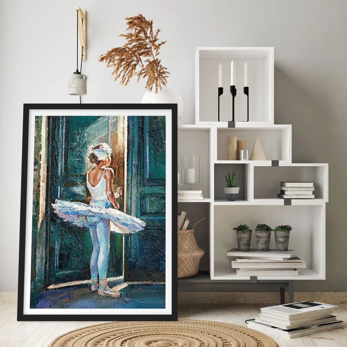 Póster en marco negro - Bailarina a la luz de una puerta en estilo impresionista. - 50x70cm - Antes del espectáculo - Decoración de pared moderna para salón y dormitorio ARTTOR