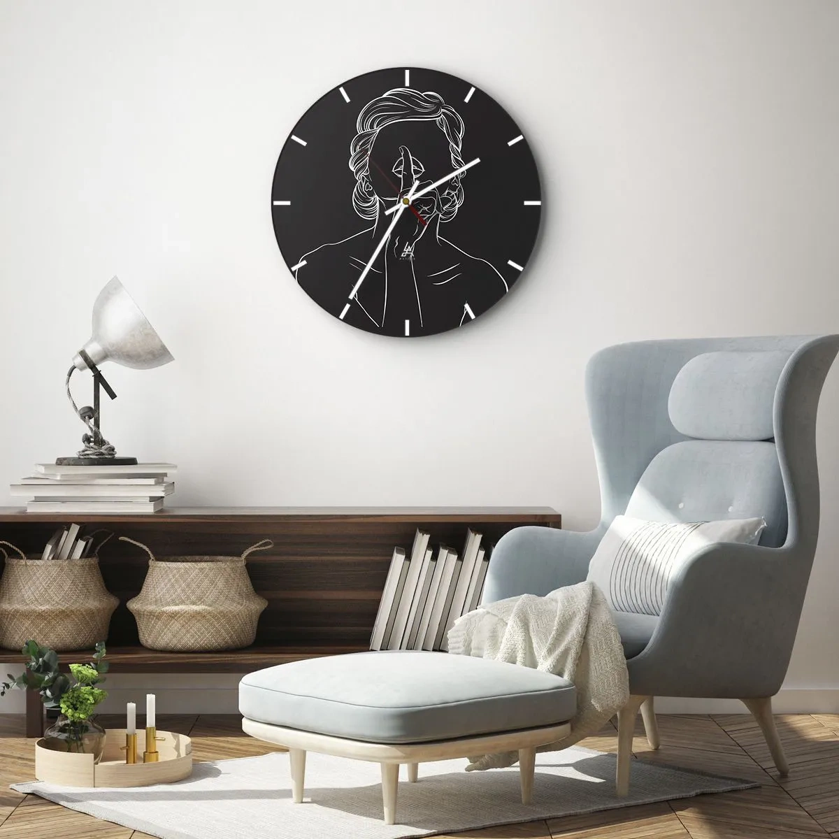Reloj de pared - Reloj de vidrio - Un contorno blanco de una mujer con un dedo en la boca sobre un fondo negro. - 30x30cm - La belleza florece en silencio - Decoración de pared moderna para salón, cocina y dormitorio ARTTOR