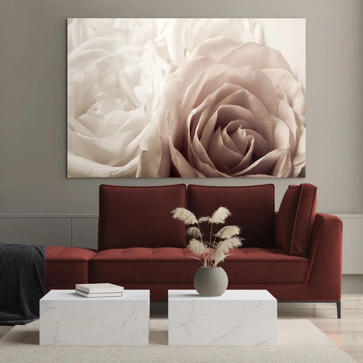 Cuadro sobre vidrio - Impresiones sobre Vidrio - Delicadas rosas claras en un primer plano romántico. - 70x50cm - En el corazón de una rosa - Decoración de pared moderna para salón y dormitorio ARTTOR