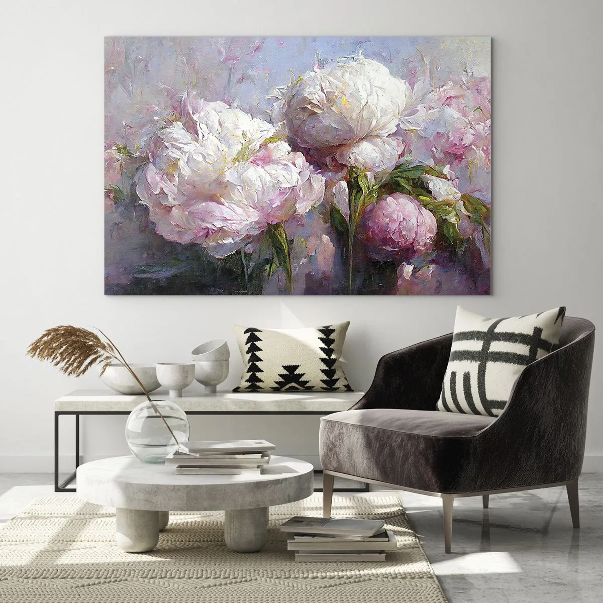 Cuadro sobre vidrio - Impresiones sobre Vidrio - Pintura al óleo de peonías blancas y rosas en flor. - 70x50cm - Un ramo rebosante de vida - Decoración de pared moderna para salón y dormitorio ARTTOR