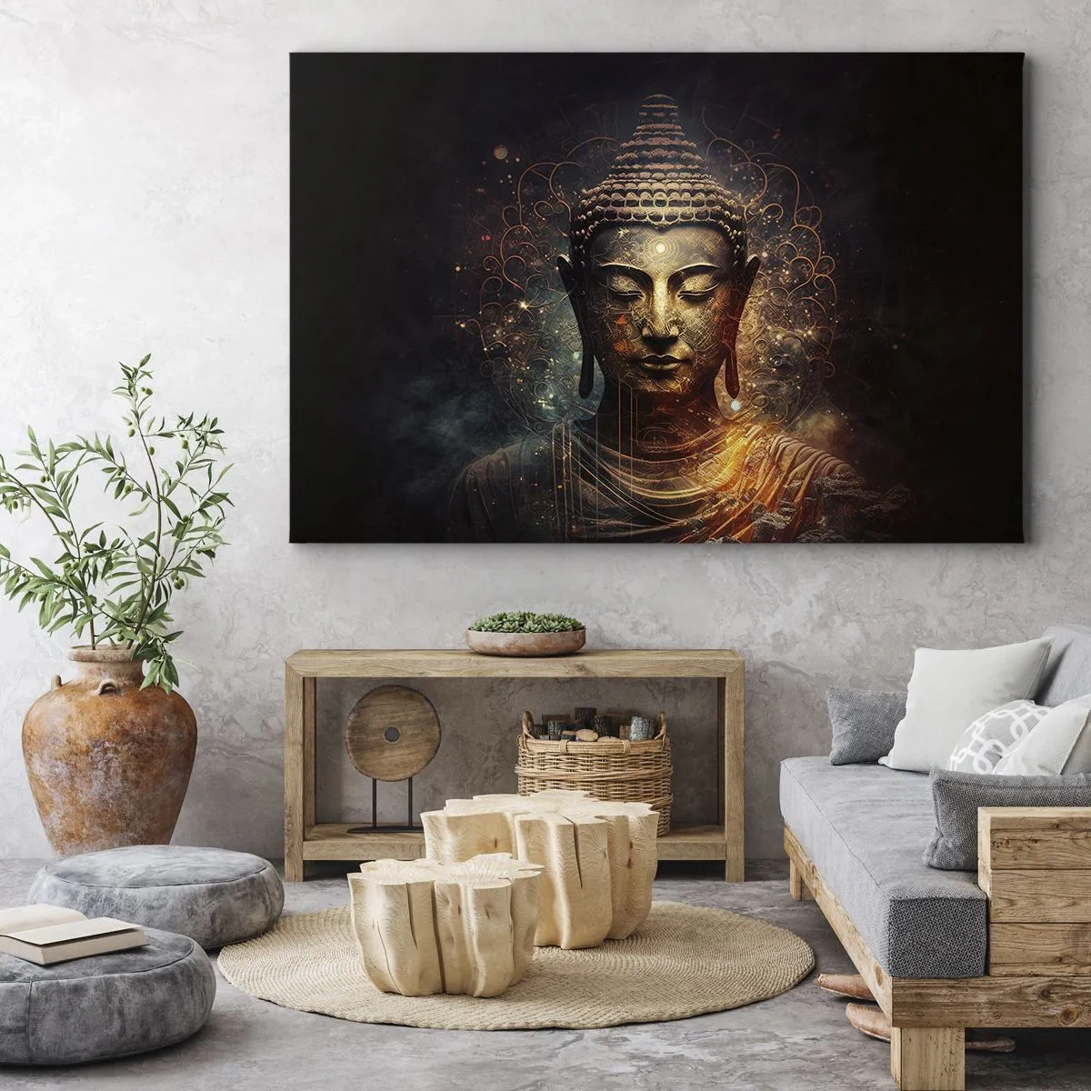 Cuadro sobre lienzo - Impresión de Imagen - Buda dorado sobre un fondo oscuro con adornos. - 70x50cm - Equilibrio espiritual - Decoración de pared moderna para salón y dormitorio ARTTOR