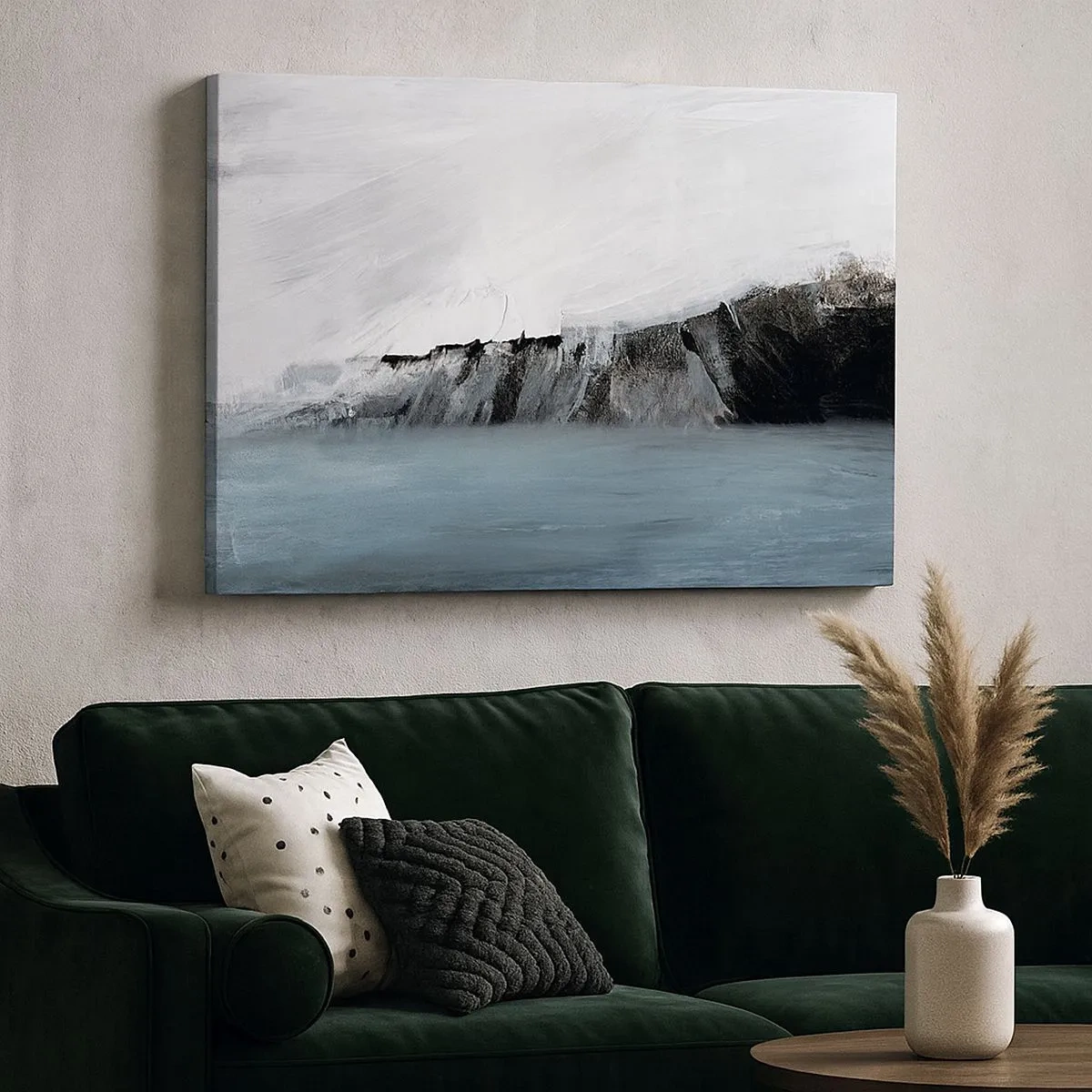 Cuadro sobre lienzo - Impresión de Imagen - Paisaje abstracto con agua y una orilla rocosa - 70x50cm - Agua - tierra: un choque de elementos - Decoración de pared moderna para salón y dormitorio ARTTOR