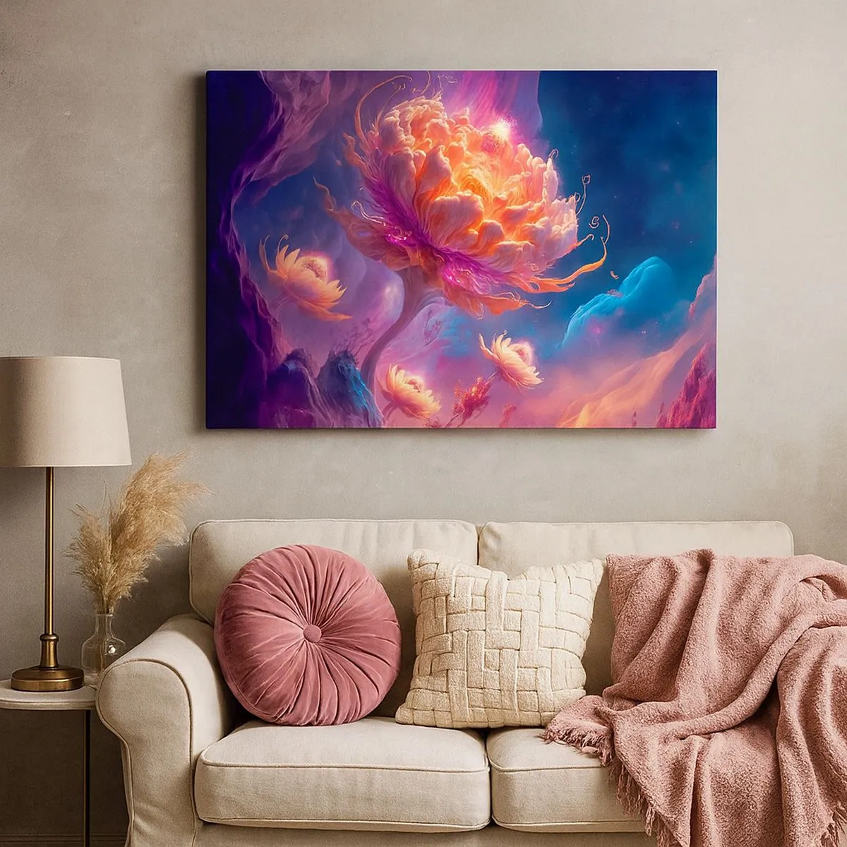 Cuadro sobre lienzo - Impresión de Imagen - Flores de fantasía en un paisaje cósmico. - 70x50cm - Otro mundo - Decoración de pared moderna para salón y dormitorio ARTTOR