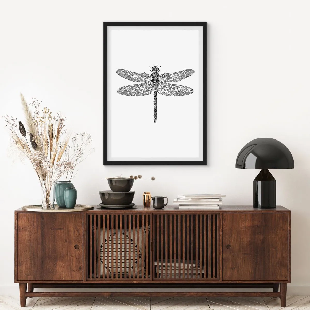 Póster en marco negro - Ilustración en blanco y negro de una libélula sobre un fondo blanco. - 50x70cm - Precisión de la naturaleza - Decoración de pared moderna para salón y dormitorio ARTTOR