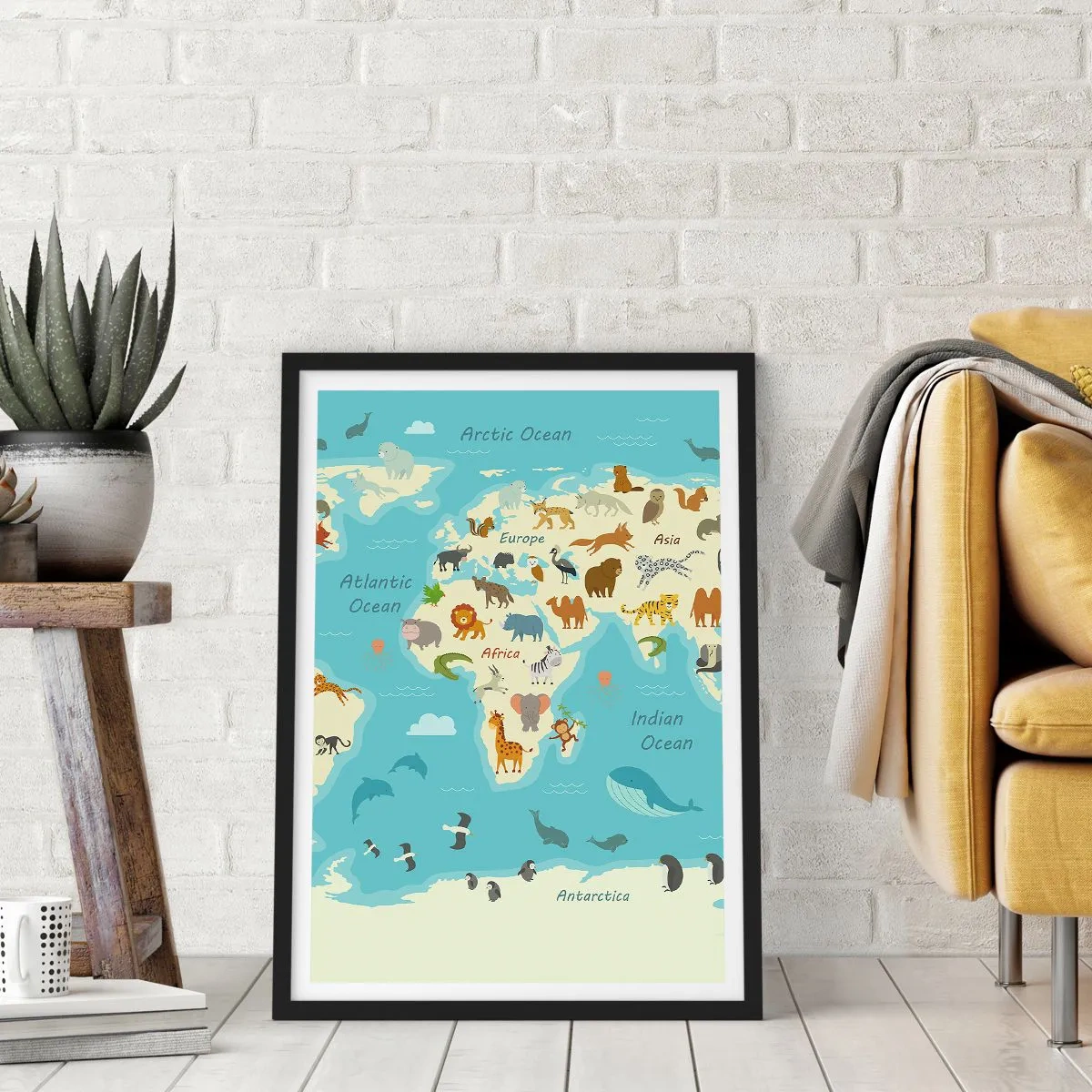 Póster en marco negro - Un mapa del mundo con ilustraciones de animales en diferentes regiones. - 50x70cm - Buenos vecinos - Decoración de pared moderna para salón y dormitorio ARTTOR