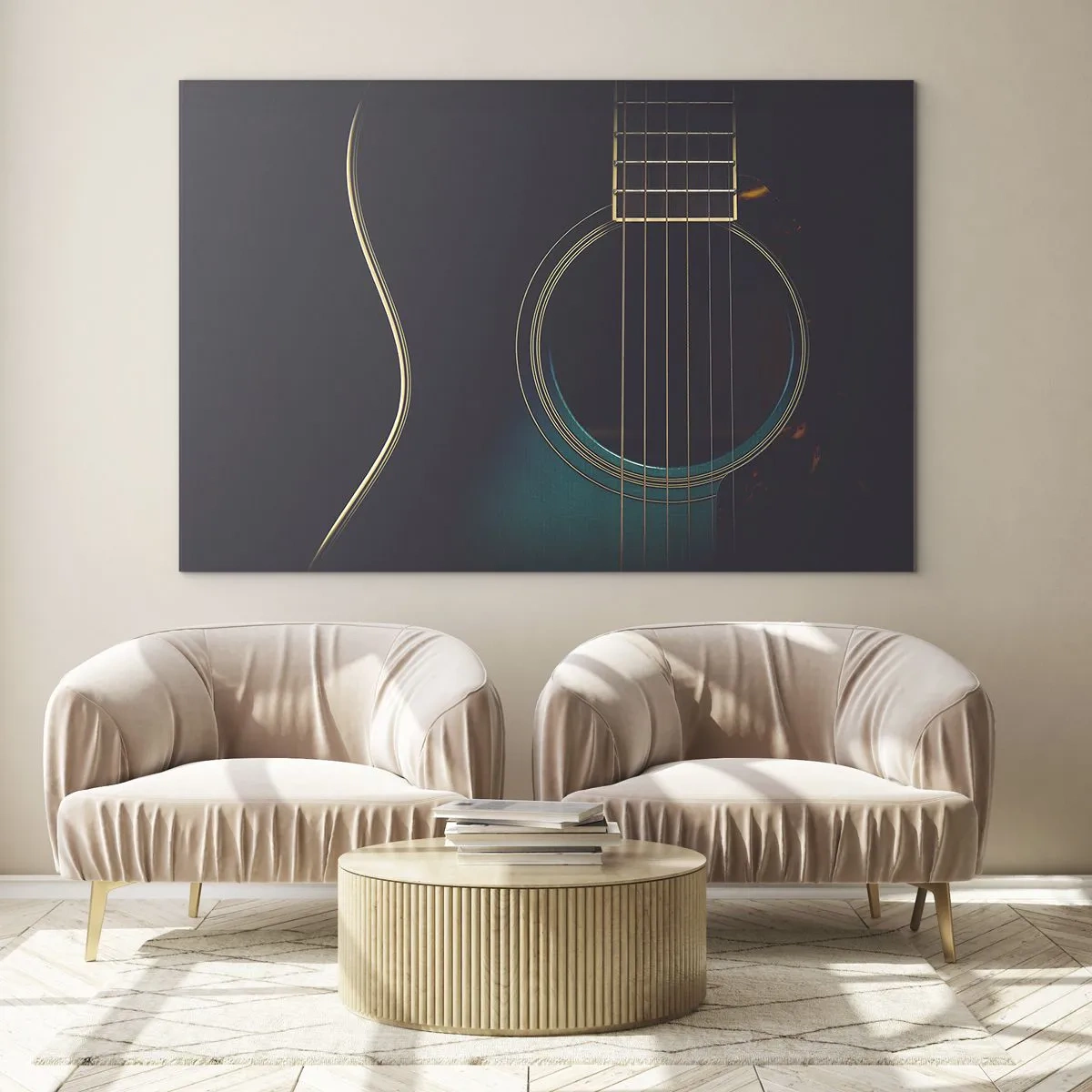 Cuadro sobre vidrio - Impresiones sobre Vidrio - Primer plano de una guitarra acústica negra con detalle de cuerdas. - 70x50cm - Un momento antes de que suene - Decoración de pared moderna para salón y dormitorio ARTTOR