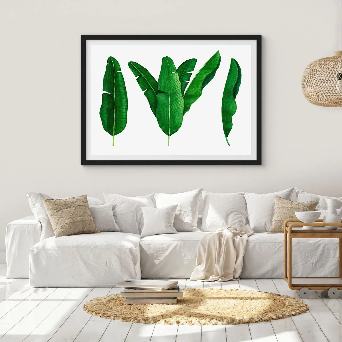 Póster en marco negro - Tres hojas de plátano en un enfoque artístico - 70x50cm - Simetría verde - Decoración de pared moderna para salón y dormitorio ARTTOR