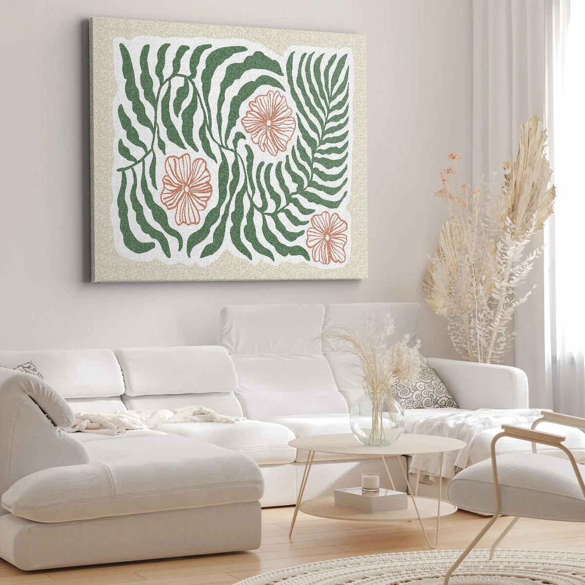 Cuadro sobre lienzo - Impresión de Imagen - Un motivo minimalista de hojas verdes con flores en tonos naranjas. - 70x50cm - Florecido en verde - Decoración de pared moderna para salón y dormitorio ARTTOR