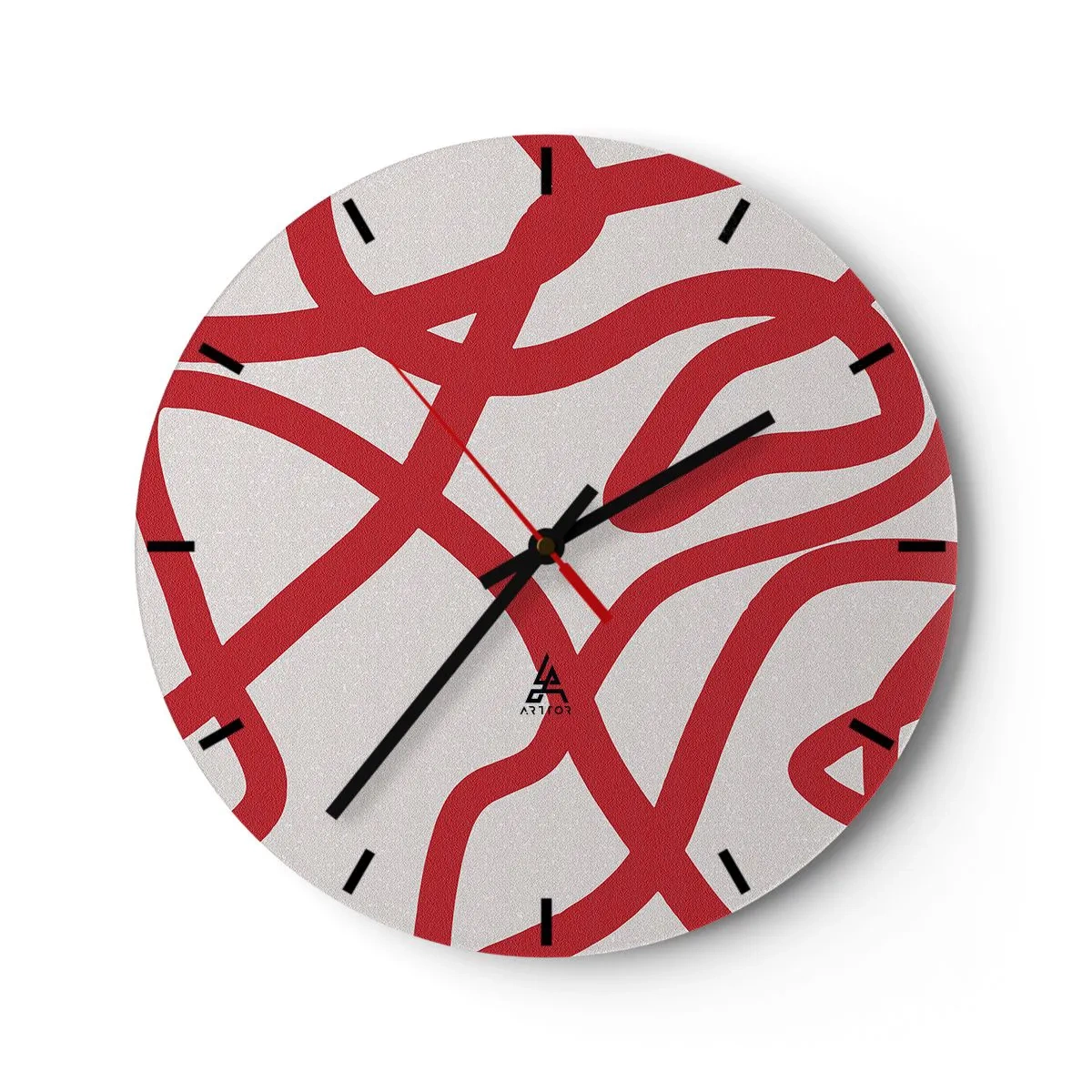 Reloj de pared - Reloj de vidrio - Líneas rojas abstractas que serpentean sobre un fondo blanco en una disposición dinámica. - 30x30cm - Rojo sobre blanco - Decoración de pared moderna para salón, cocina y dormitorio ARTTOR