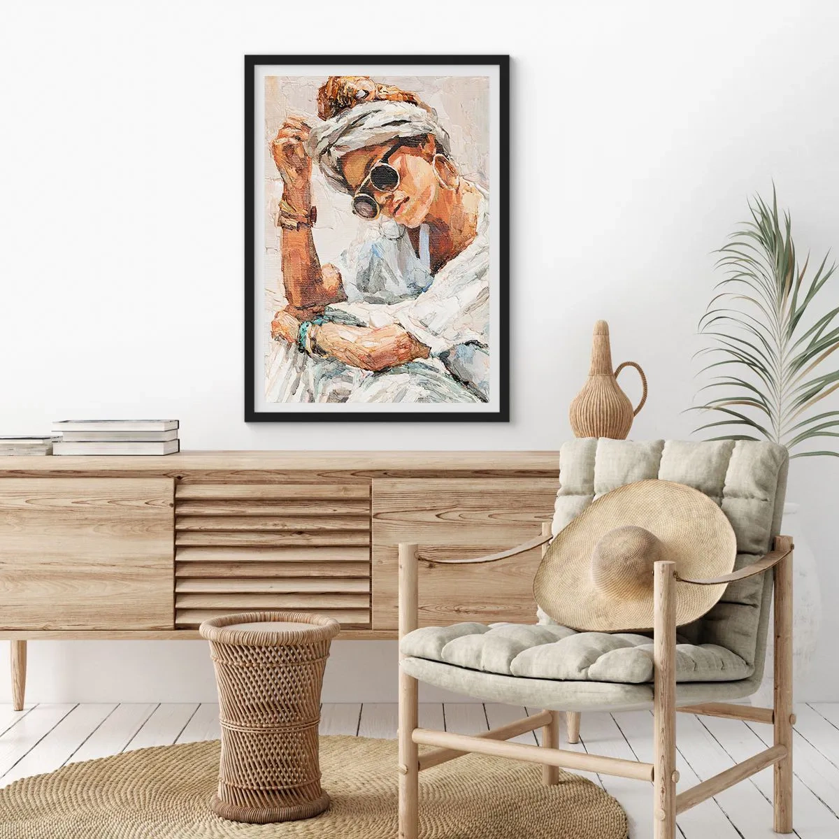 Póster en marco negro - Retrato de una mujer con gafas y turbante en estilo impresionista. - 50x70cm - Retrato a pleno sol - Decoración de pared moderna para salón y dormitorio ARTTOR