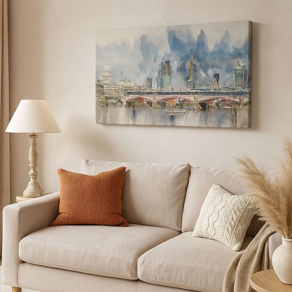 Cuadro sobre lienzo - Impresión de Imagen - Vista en acuarela del puente y el horizonte de la ciudad. - 70x50cm - Londres en todo su esplendor - Decoración de pared moderna para salón y dormitorio ARTTOR