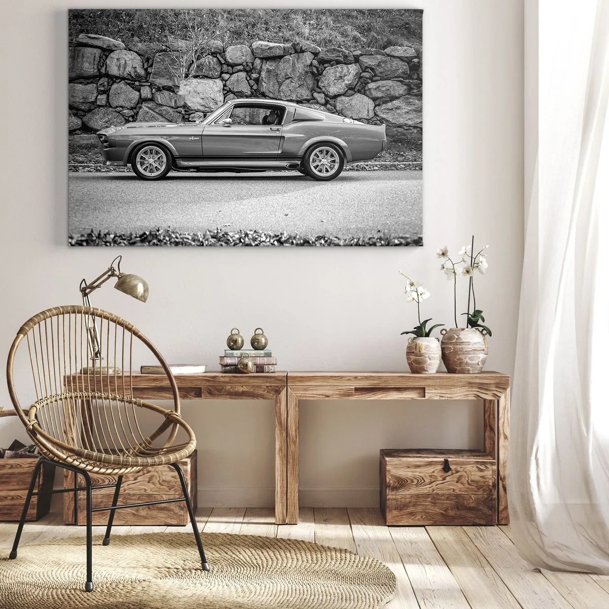Cuadro sobre lienzo - Impresión de Imagen - Fotografía en blanco y negro de un coche clásico. - 70x50cm - Una leyenda de los años 60 - Decoración de pared moderna para salón y dormitorio ARTTOR