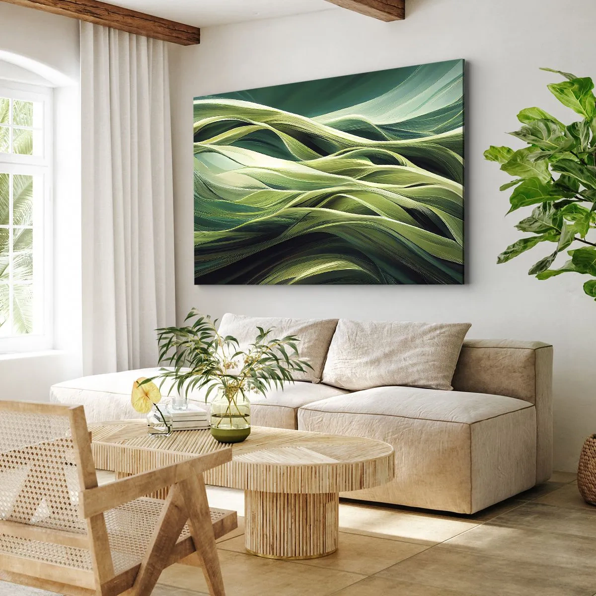 Cuadro sobre lienzo - Impresión de Imagen - Líneas dinámicas en tonos verdes. - 70x50cm - Un juego abstracto de color verde - Decoración de pared moderna para salón y dormitorio ARTTOR