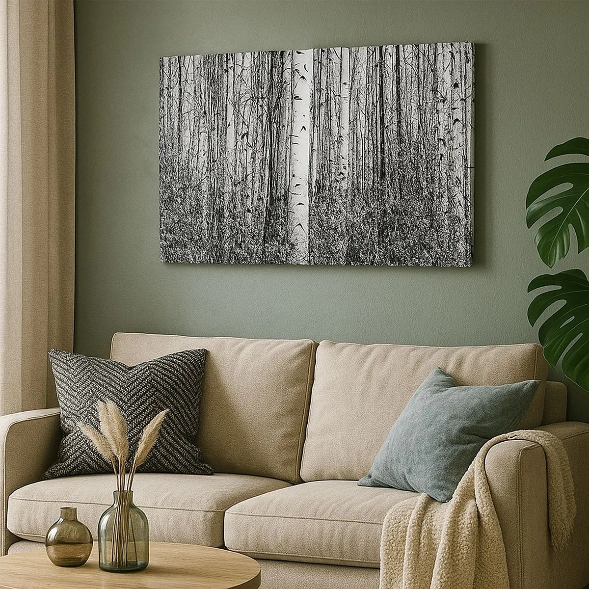 Cuadro sobre lienzo - Impresión de Imagen - Abedules blancos y negros en el bosque - 70x50cm - Columnas de abedules - Decoración de pared moderna para salón y dormitorio ARTTOR