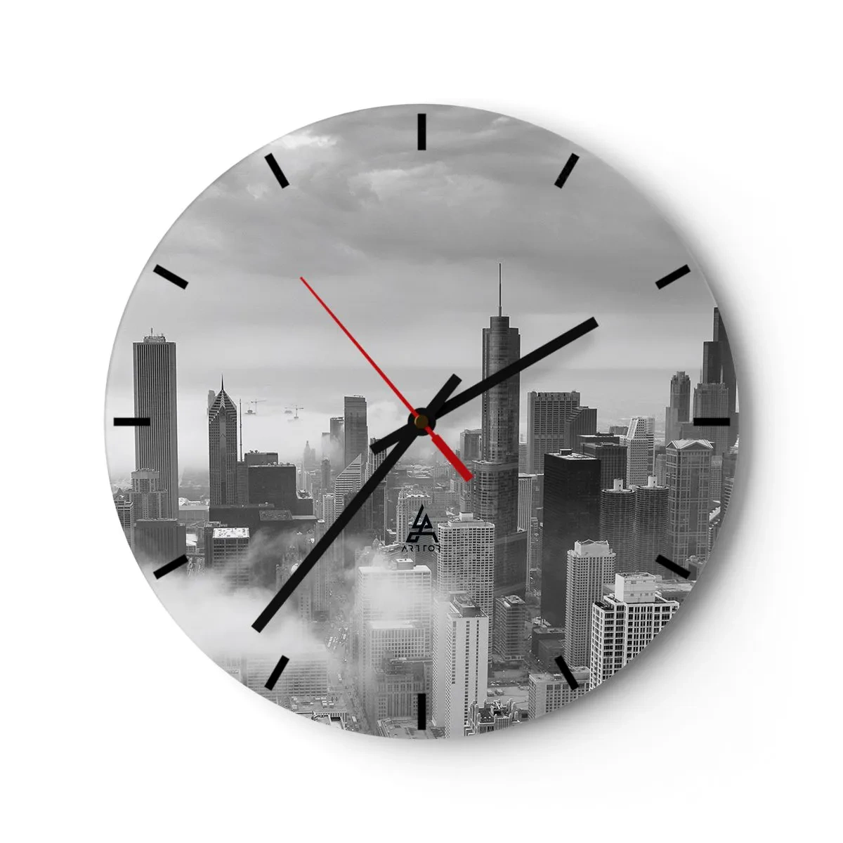 Reloj de pared - Reloj de vidrio - Panorama de ciudad en blanco y negro con rascacielos y niebla - 30x30cm - Paisaje americano - Decoración de pared moderna para salón, cocina y dormitorio ARTTOR
