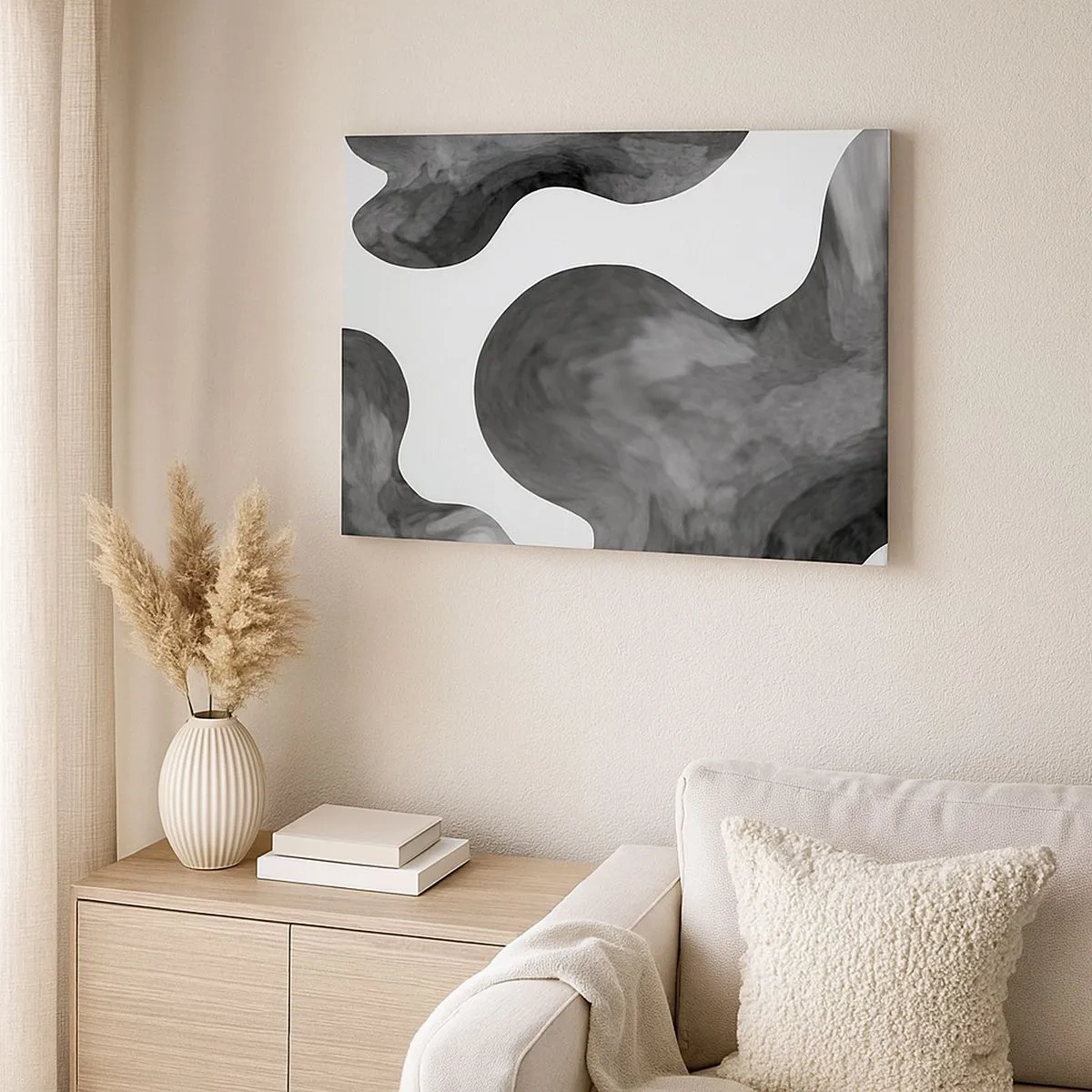 Cuadro sobre lienzo - Impresión de Imagen - Patrón abstracto en tonos de gris y blanco. - 70x50cm - El blanco fluye sobre el negro - Decoración de pared moderna para salón y dormitorio ARTTOR