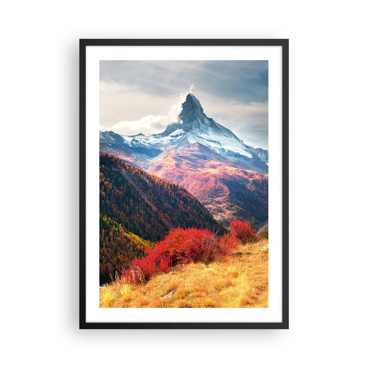 Póster en marco negro - Paisaje otoñal de montaña con un pico nevado - 50x70cm - Otoño alpino - Decoración de pared moderna para salón y dormitorio ARTTOR